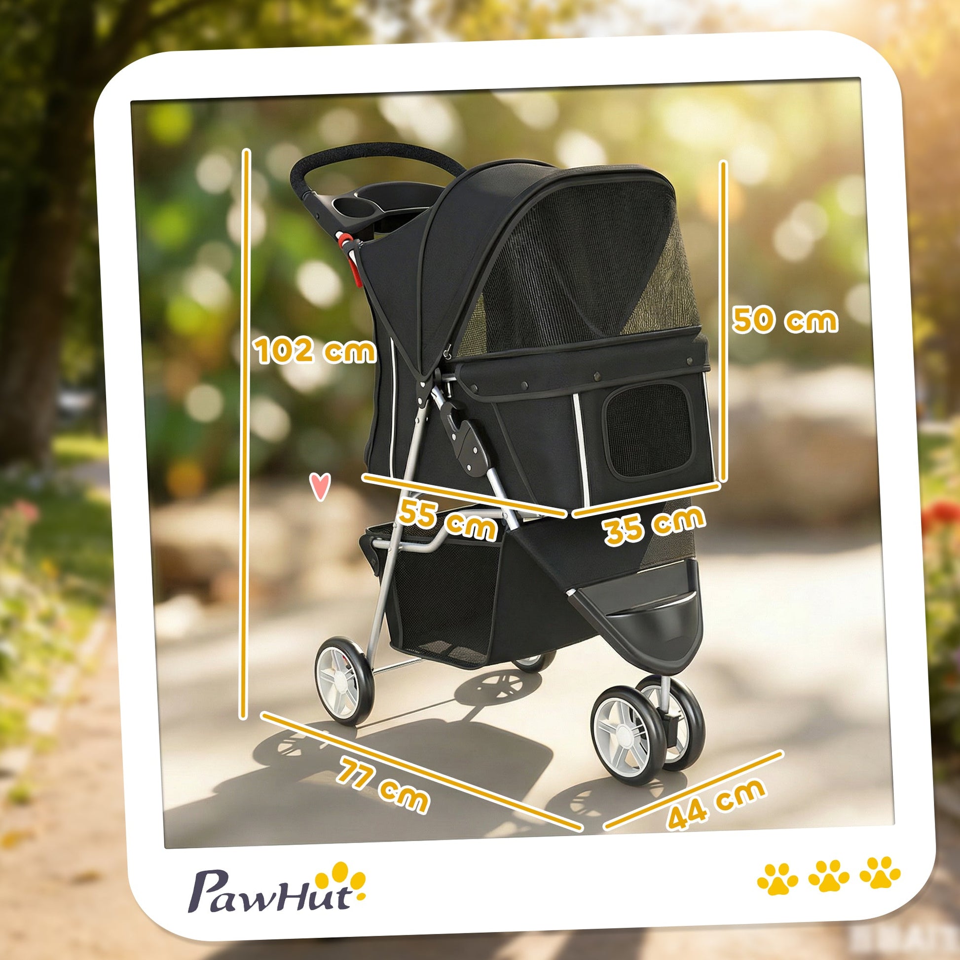 Dog Stroller, 3 Wheels Foldable Cat Dog Pram with Cup Holder, Storage Basket, Pet Stroller for Small Miniature Dogs, Black