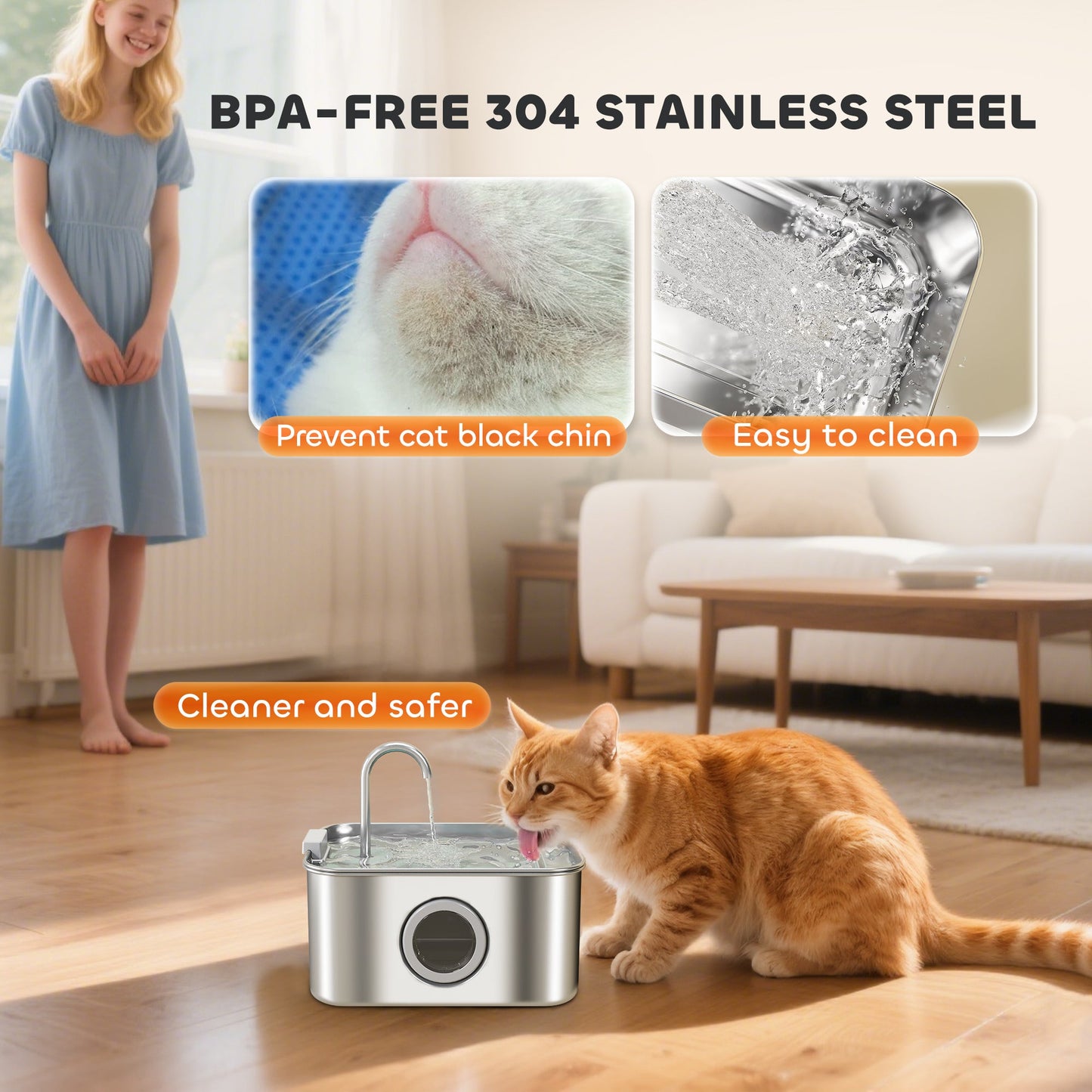 Cat Water Fountain for Drinking, 3.2L Stainless Steel Cat Fountain, Ultra-Silent, Automatic, Visible Water-Level, for Kittens, Dogs and Other Pets