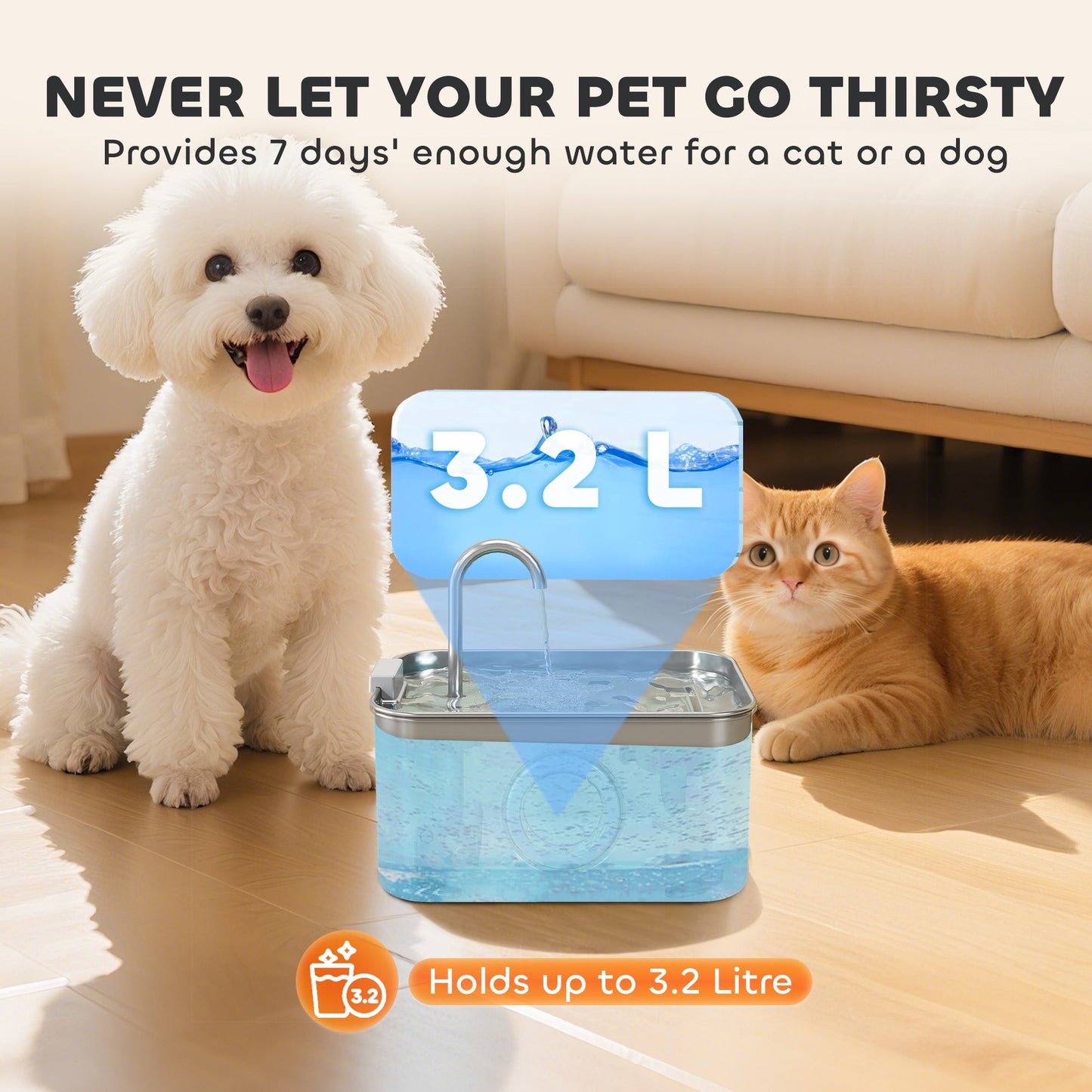Cat Water Fountain for Drinking, 3.2L Stainless Steel Cat Fountain, Ultra-Silent, Automatic, Visible Water-Level, for Kittens, Dogs and Other Pets