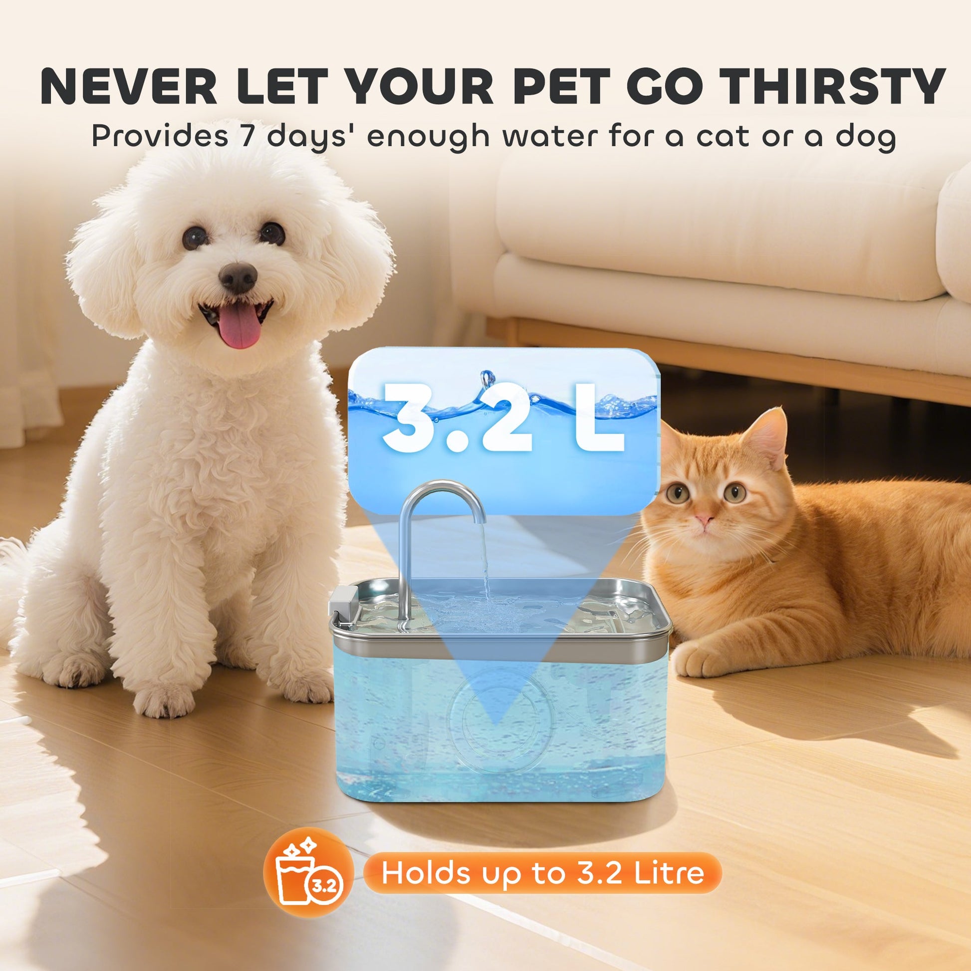Cat Water Fountain for Drinking, 3.2L Stainless Steel Cat Fountain, Ultra-Silent, Automatic, Visible Water-Level, for Kittens, Dogs and Other Pets
