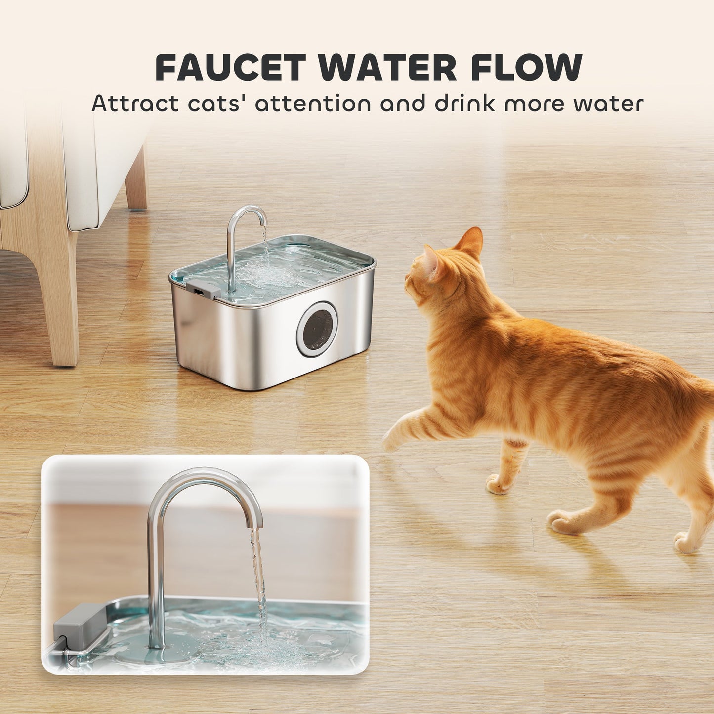 Cat Water Fountain for Drinking, 3.2L Stainless Steel Cat Fountain, Ultra-Silent, Automatic, Visible Water-Level, for Kittens, Dogs and Other Pets