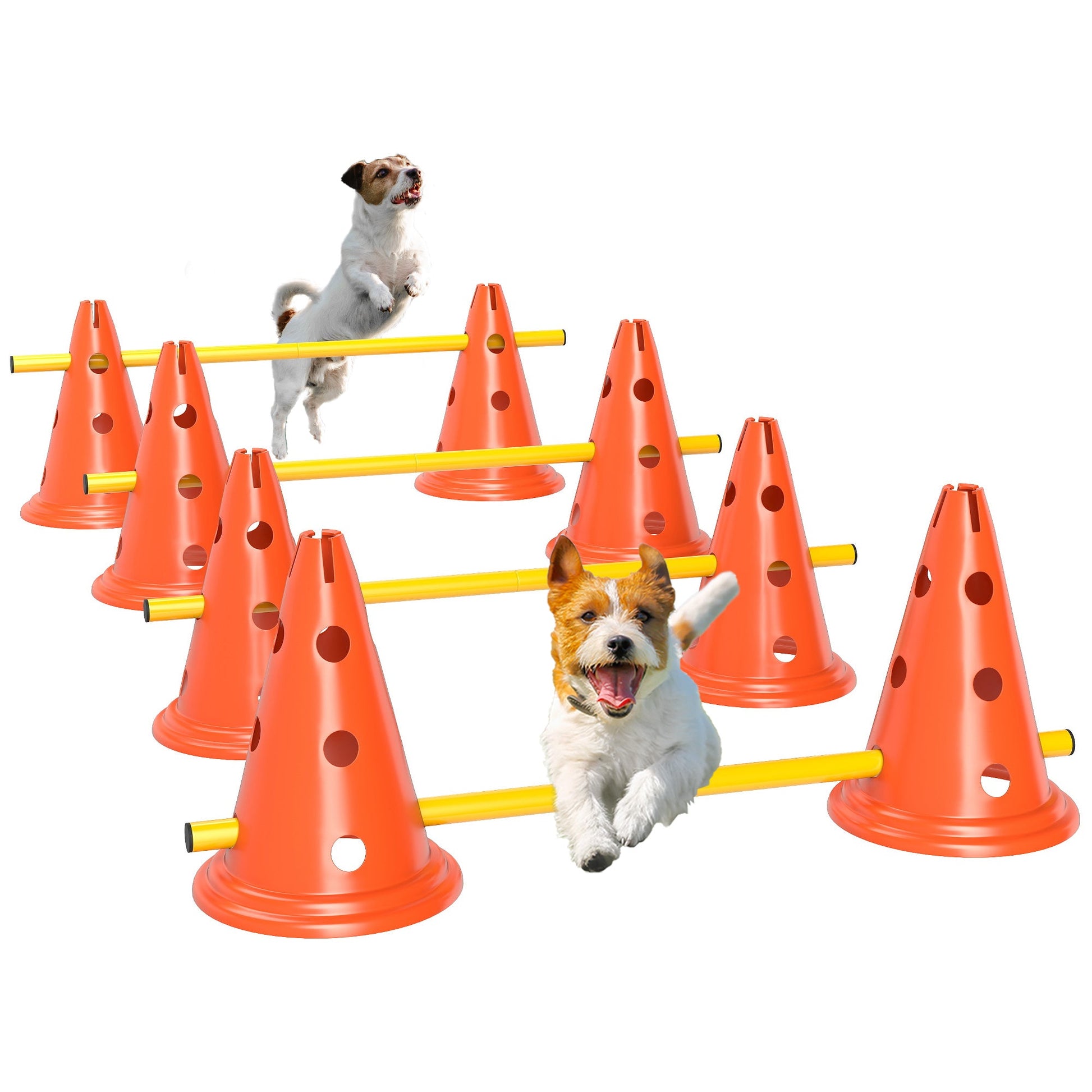 Dog Agility Equipment Set, Portable Pet Jump Training Kit for Eight Cones, Eight Poles with Carry Bag, Four-Piece Adjustable Height Jumping Obstacles, Orange