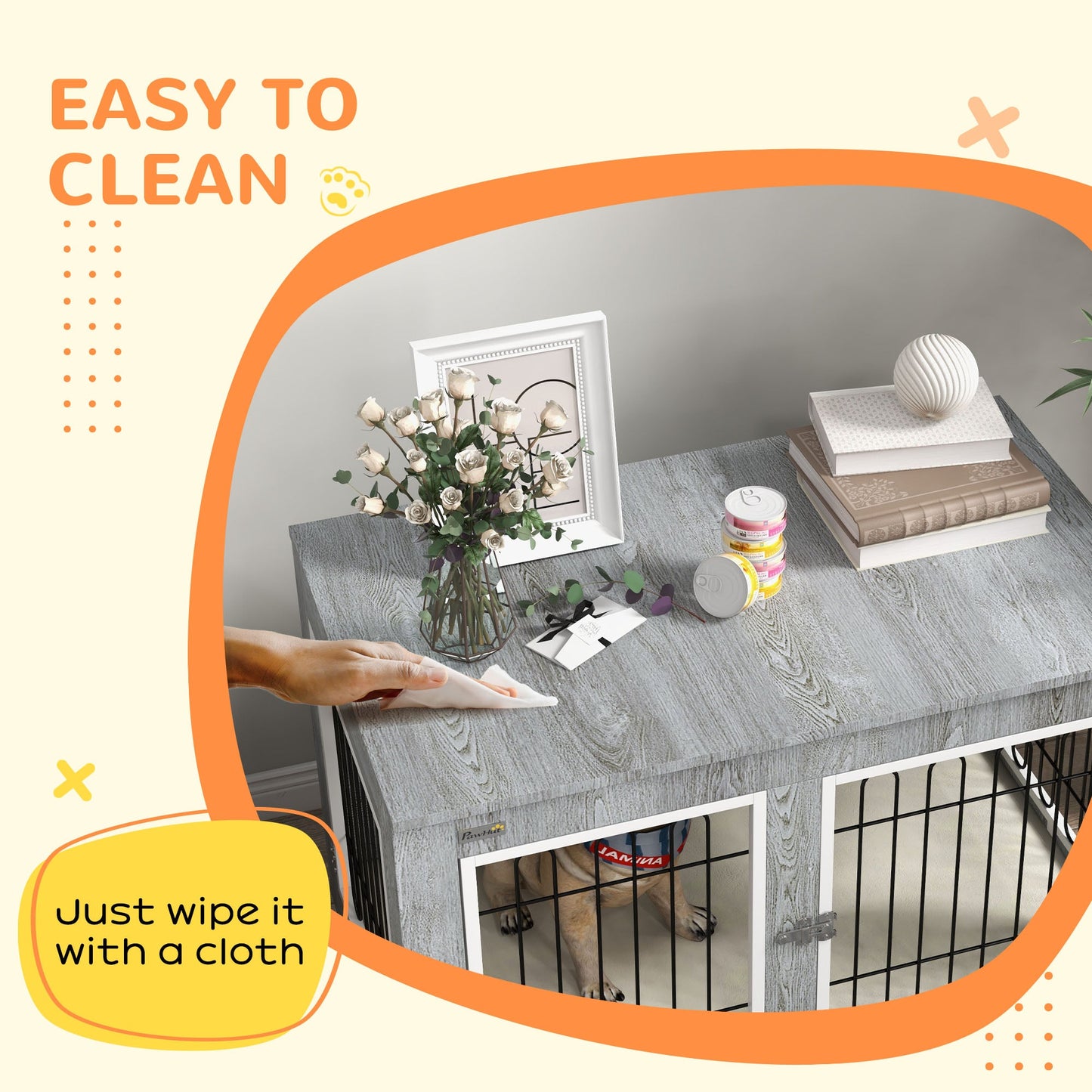Dog Crate Furniture, Indoor Dog Kennel Side End Table with Cushion, Double Doors, for Medium and Large Breeds, 90 x 58 x 65 cm, Grey