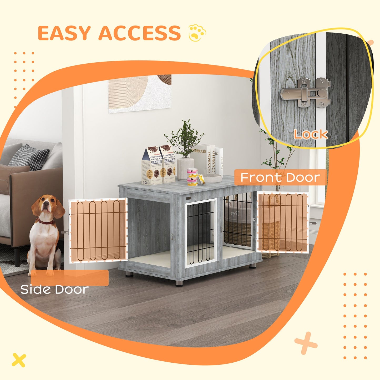 Dog Crate Furniture, Indoor Dog Kennel Side End Table with Cushion, Double Doors, for Medium and Large Breeds, 90 x 58 x 65 cm, Grey