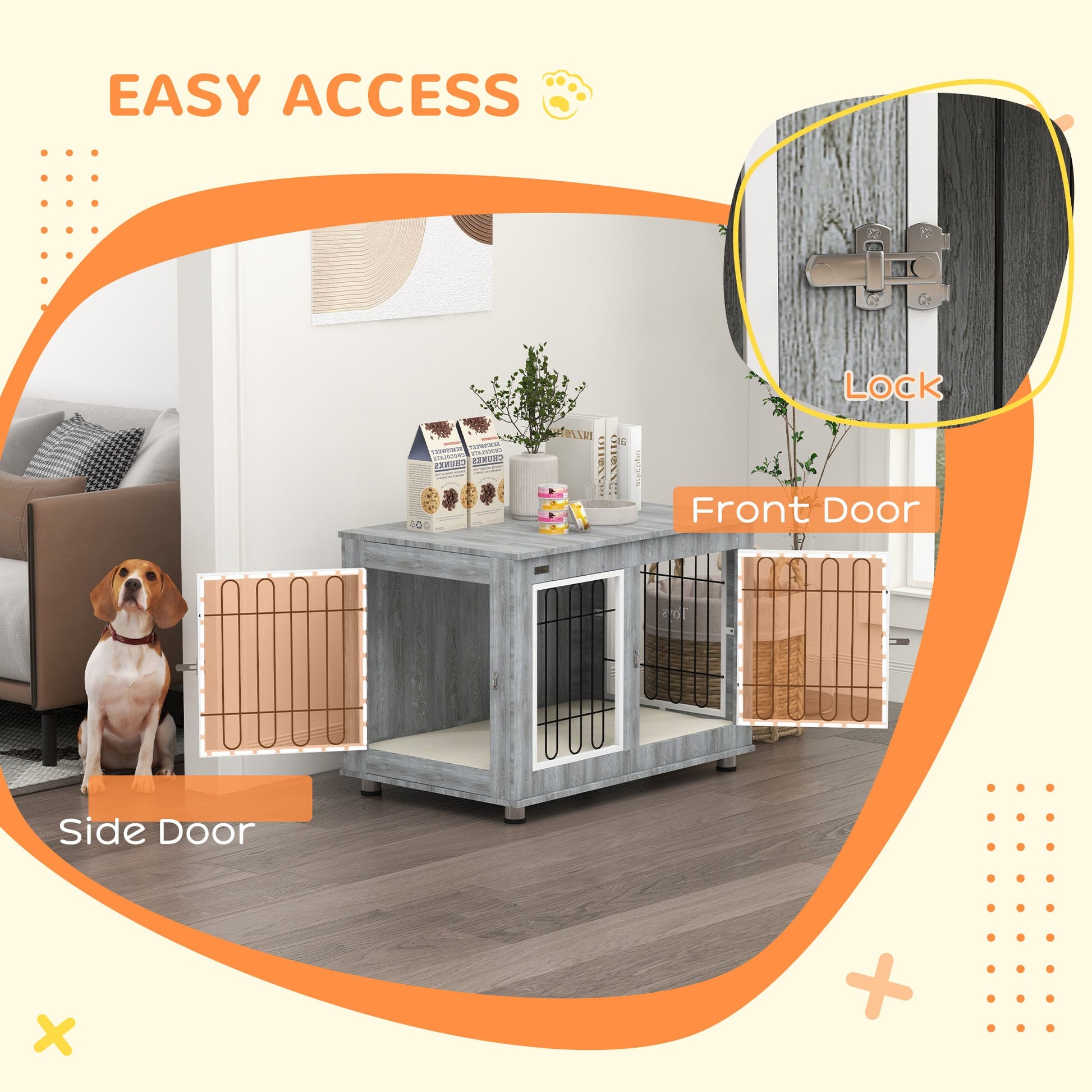 Dog Crate Furniture, Indoor Dog Kennel Side End Table with Cushion, Double Doors, for Medium and Large Breeds, 90 x 58 x 65 cm, Grey