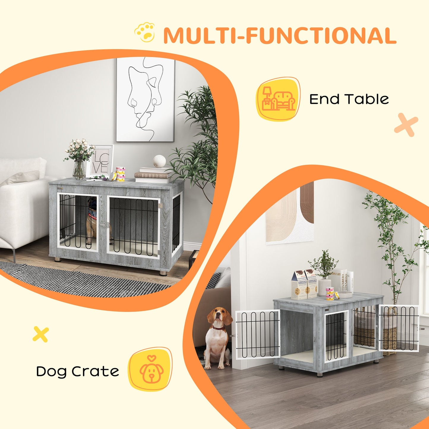 Dog Crate Furniture, Indoor Dog Kennel Side End Table with Cushion, Double Doors, for Medium and Large Breeds, 90 x 58 x 65 cm, Grey
