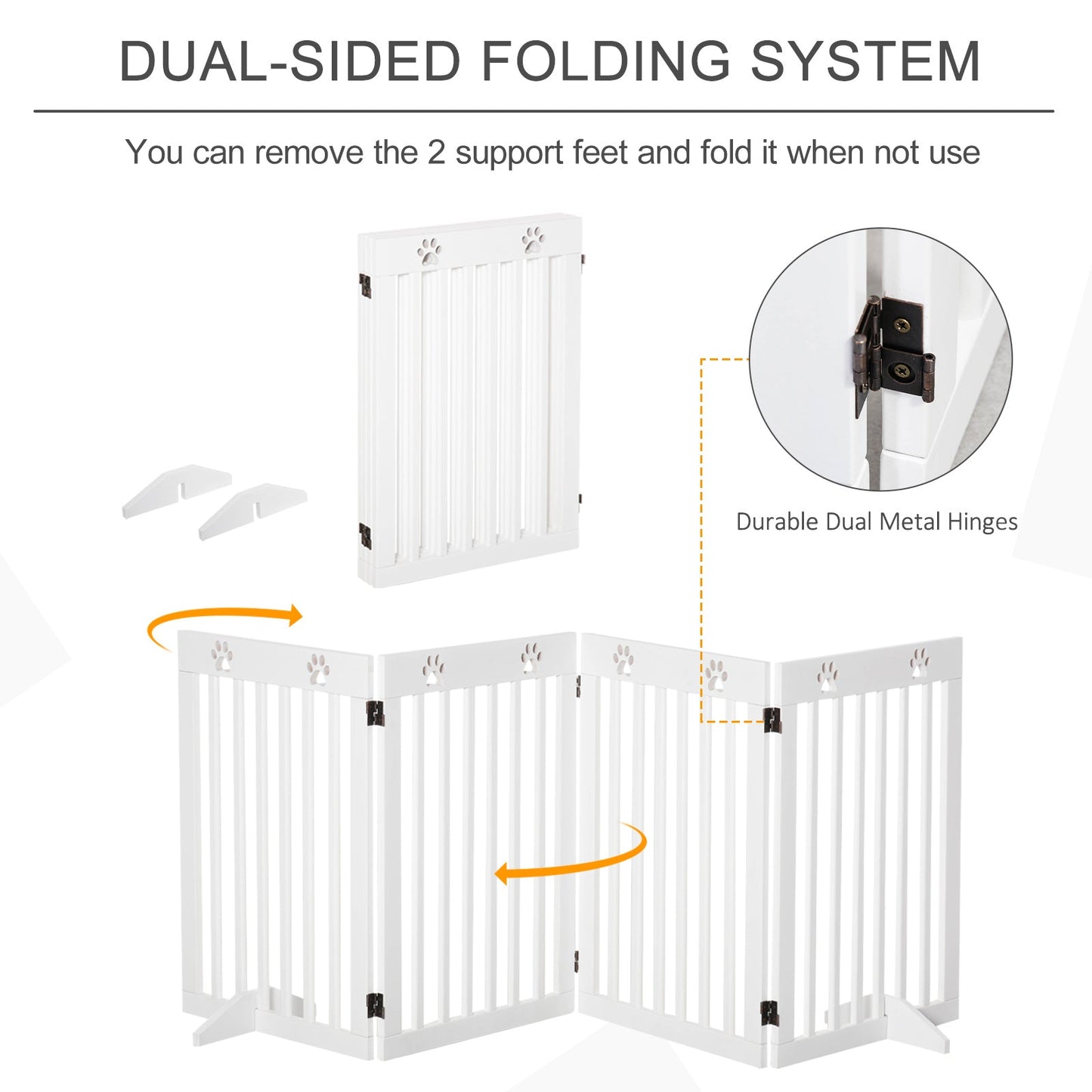 Freestanding Pet Gate 4 Panel Dog Barrier Folding Safety Fence with Support Feet up to 204cm Long 75cm Tall for Doorway Stairs, White