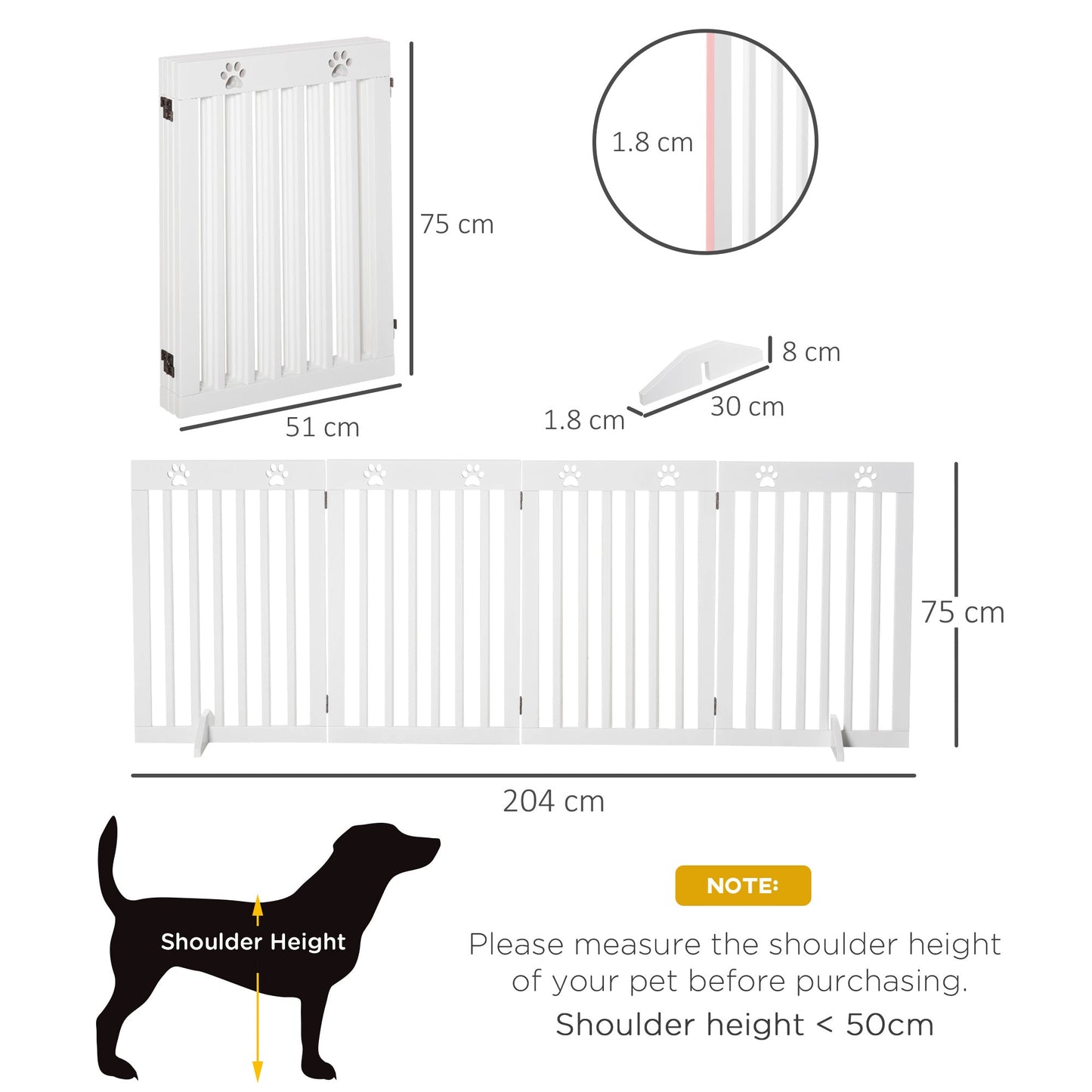 Freestanding Pet Gate 4 Panel Dog Barrier Folding Safety Fence with Support Feet up to 204cm Long 75cm Tall for Doorway Stairs, White