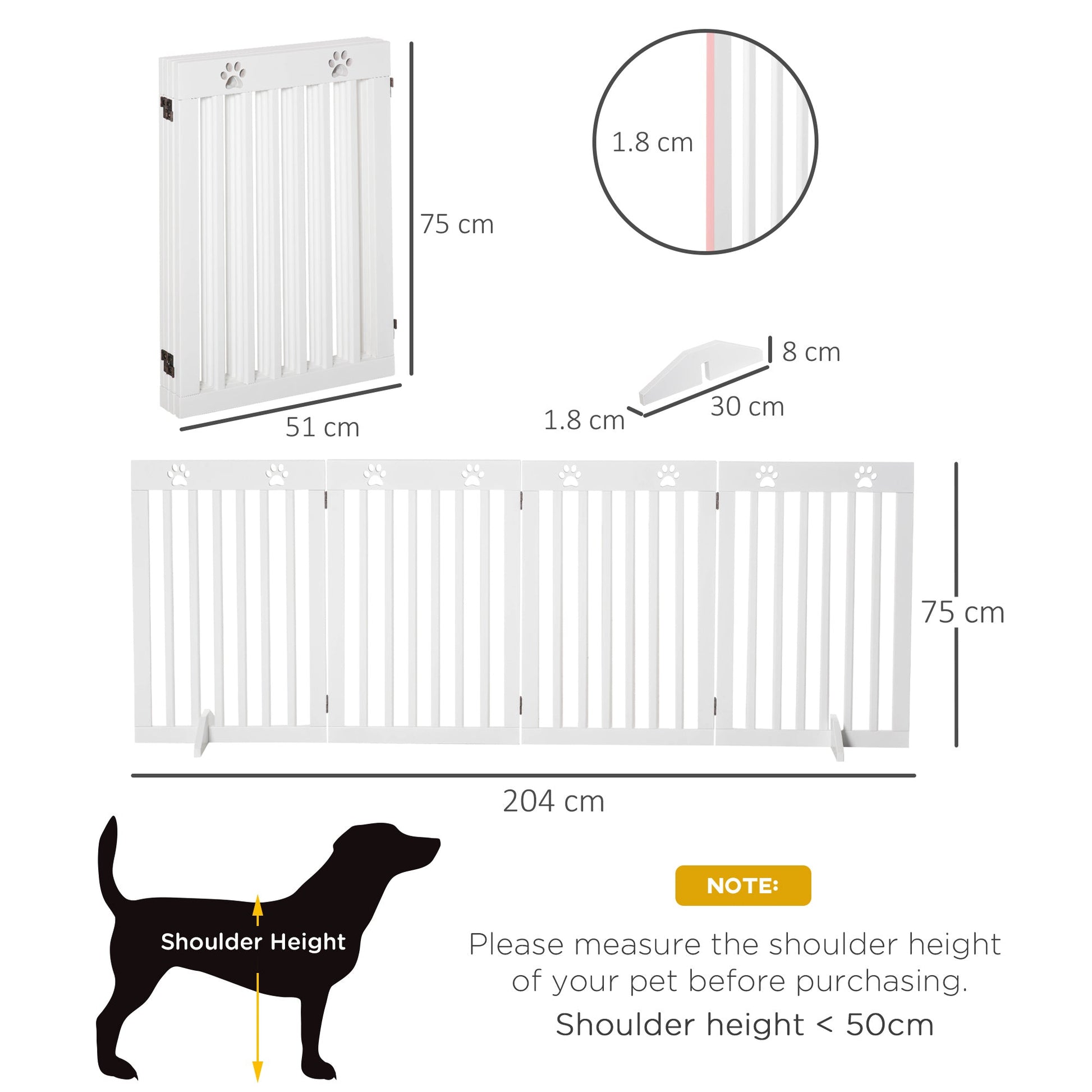Freestanding Pet Gate 4 Panel Dog Barrier Folding Safety Fence with Support Feet up to 204cm Long 75cm Tall for Doorway Stairs, White