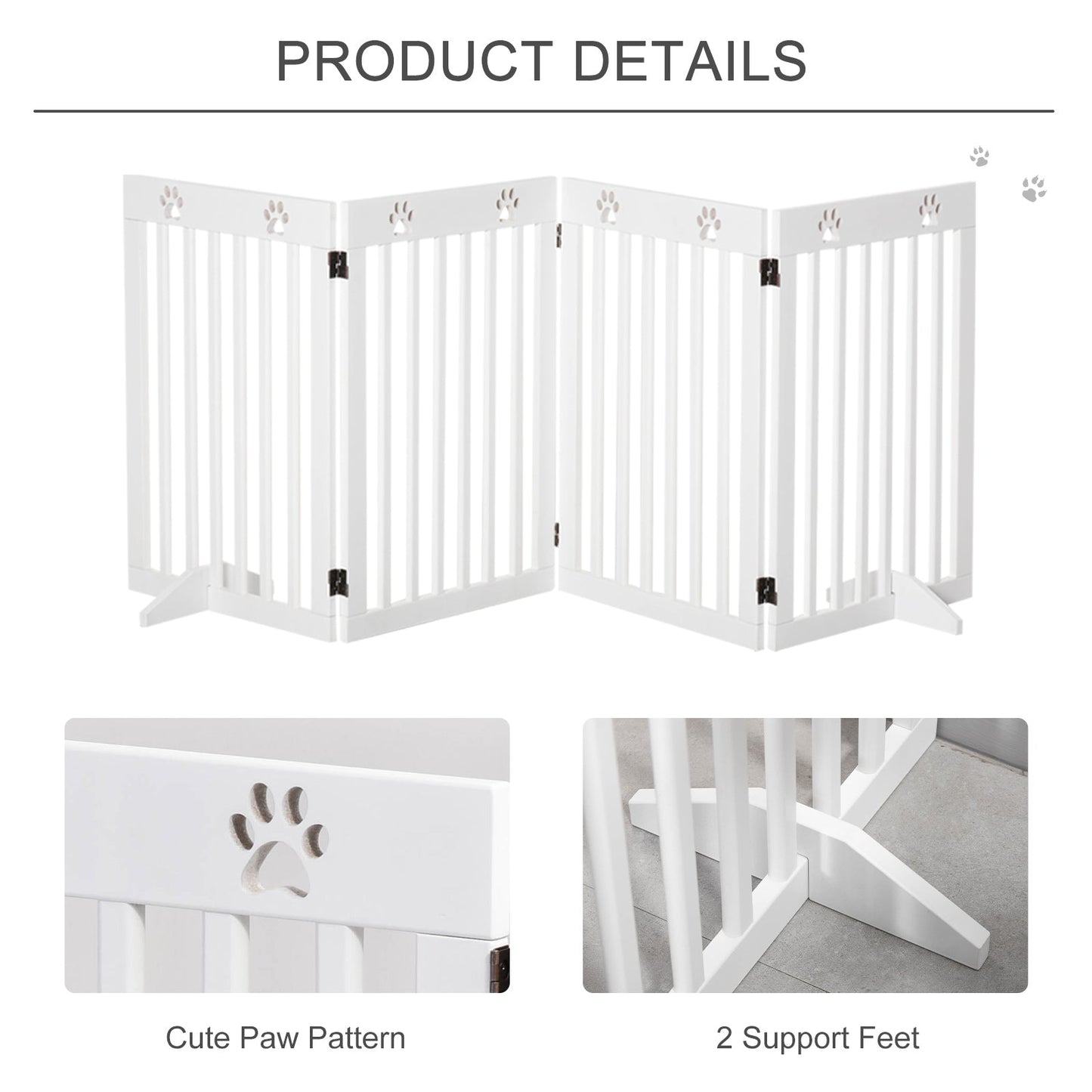 Freestanding Pet Gate 4 Panel Dog Barrier Folding Safety Fence with Support Feet up to 204cm Long 75cm Tall for Doorway Stairs, White