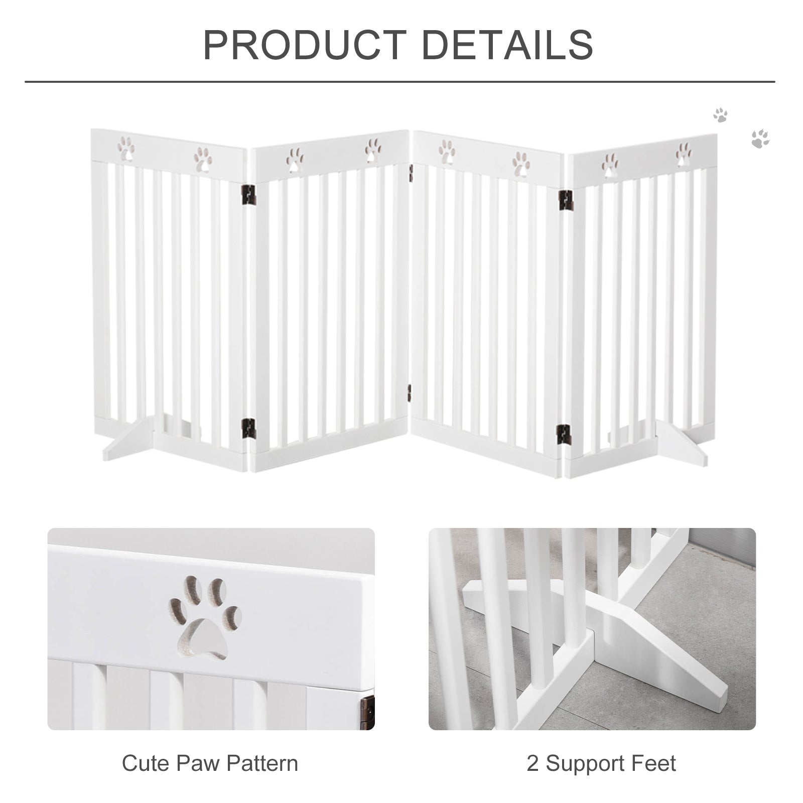 Freestanding Pet Gate 4 Panel Dog Barrier Folding Safety Fence with Support Feet up to 204cm Long 75cm Tall for Doorway Stairs, White