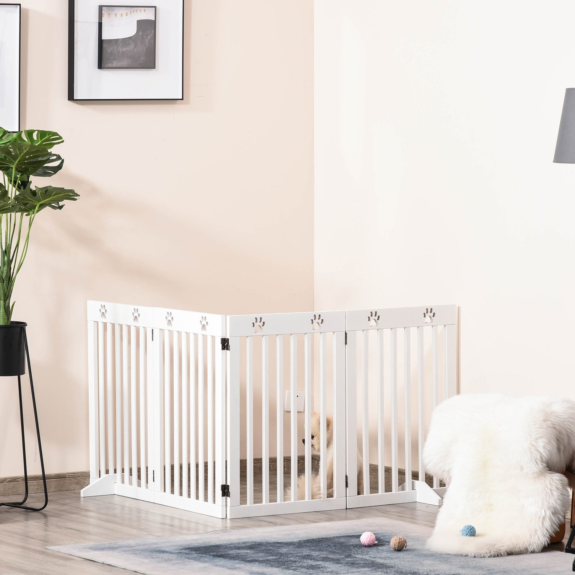 Freestanding Pet Gate 4 Panel Dog Barrier Folding Safety Fence with Support Feet up to 204cm Long 75cm Tall for Doorway Stairs, White