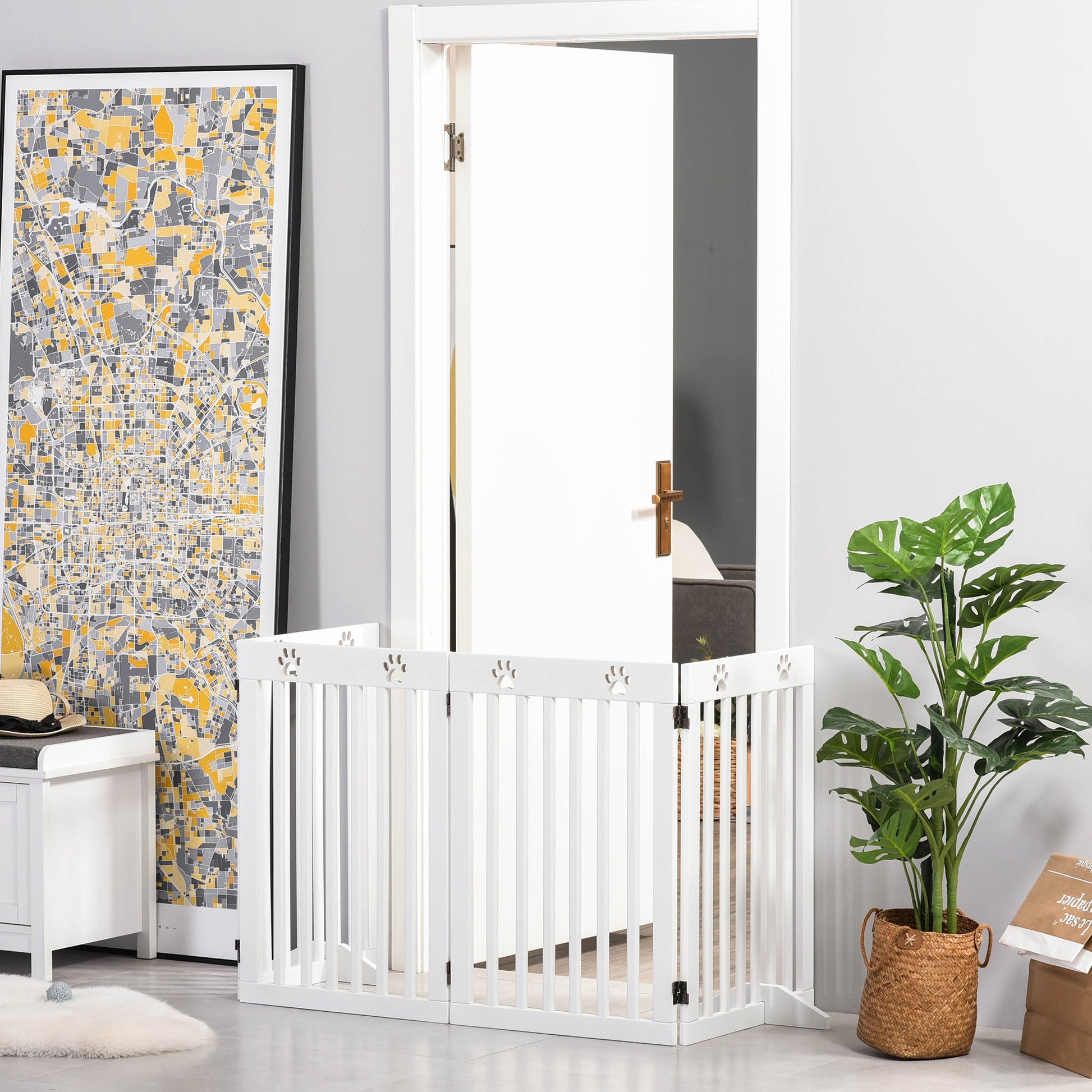 Freestanding Pet Gate 4 Panel Dog Barrier Folding Safety Fence with Support Feet up to 204cm Long 75cm Tall for Doorway Stairs, White