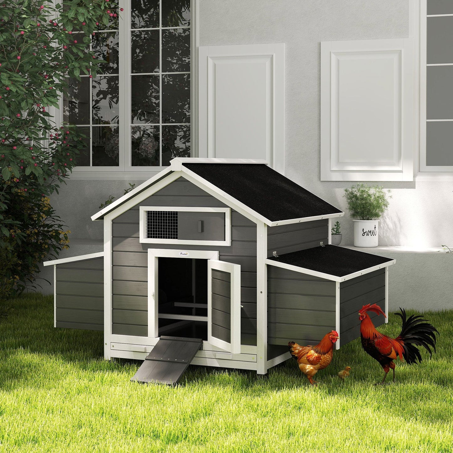 Chicken Coop, Wooden Outdoor Hen House Poultry Cage with Nesting Box, Openable Waterproof Top, Pull-Out Tray, 150 x 100 x 97cm, Grey