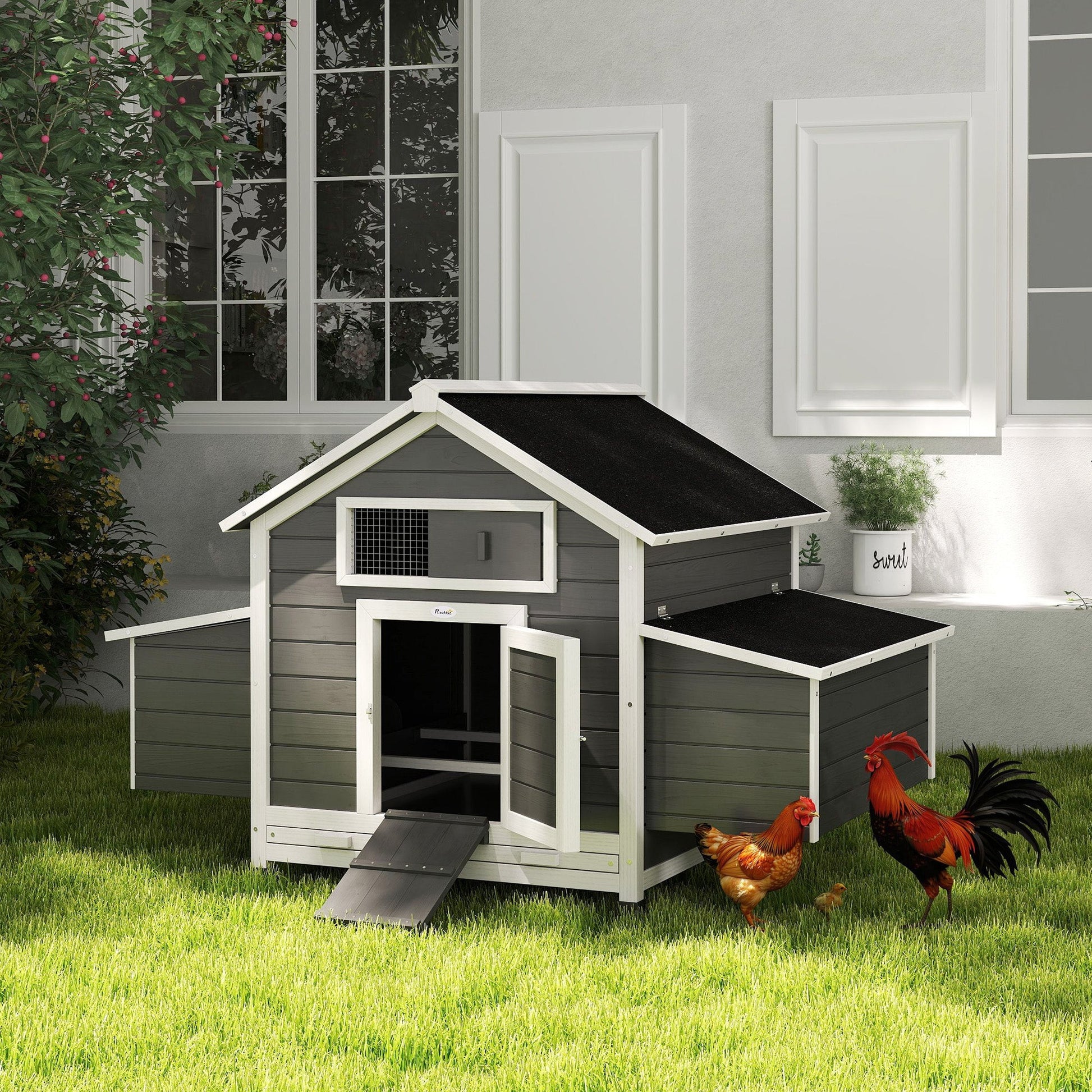 Chicken Coop, Wooden Outdoor Hen House Poultry Cage with Nesting Box, Openable Waterproof Top, Pull-Out Tray, 150 x 100 x 97cm, Grey