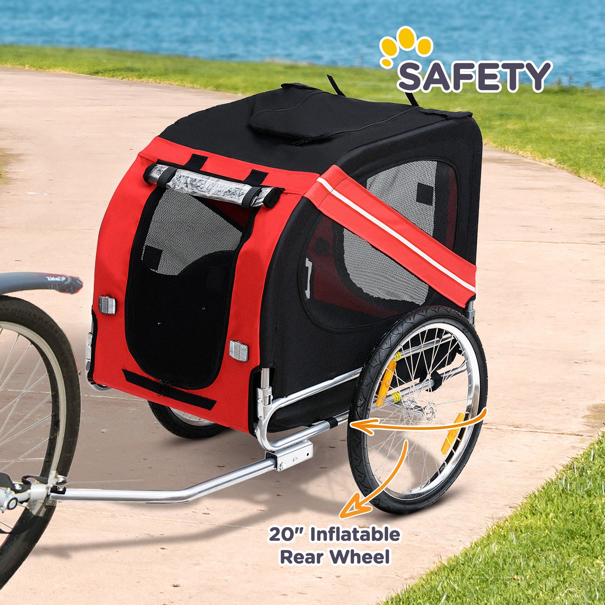 Folding Dog Bike Trailer Pet Cart Carrier for Bicycle Travel with Hitch Coupler in Steel Frame - Red & Black