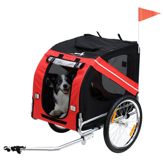 Folding Dog Bike Trailer Pet Cart Carrier for Bicycle Travel with Hitch Coupler in Steel Frame - Red & Black