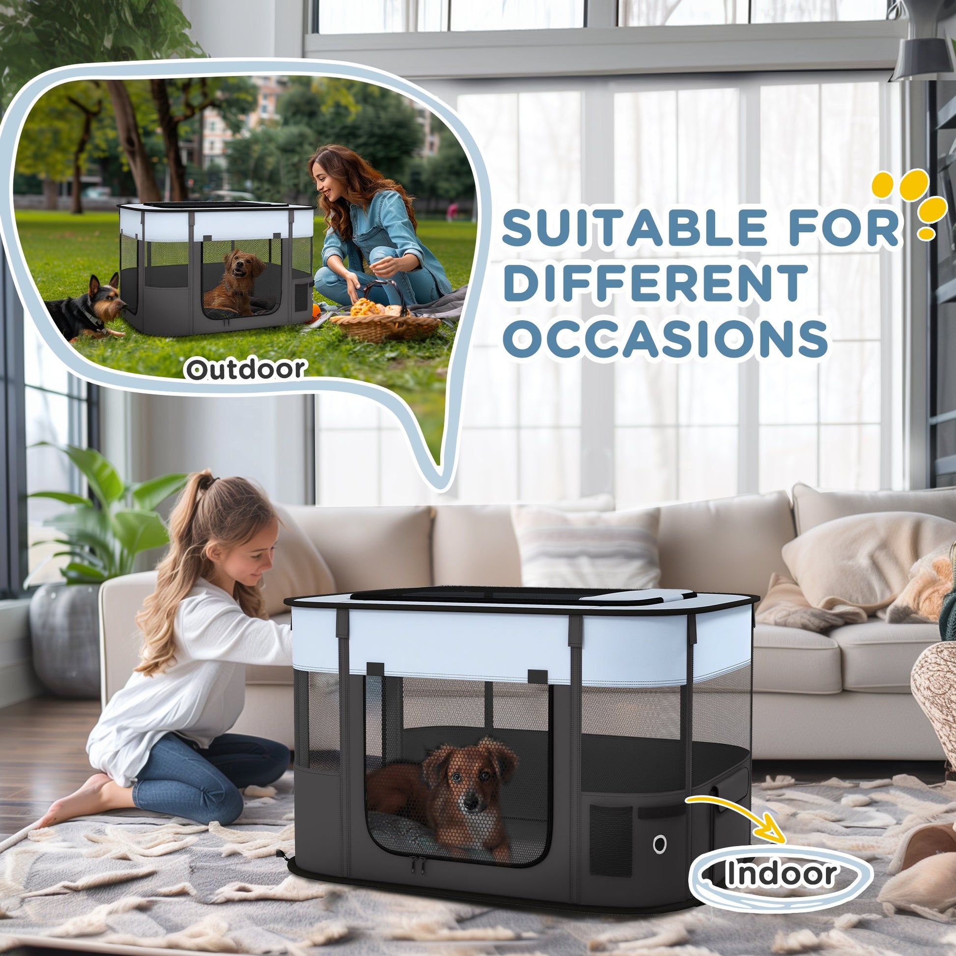 Dog Pen, Pet Playpen, Portable Foldable Dog Cat Playpen Soft Pet Cage with Storage Bag for Puppies, Rabbits, Kittens, Guinea Pigs, 84 x 64 x 53cm - Grey