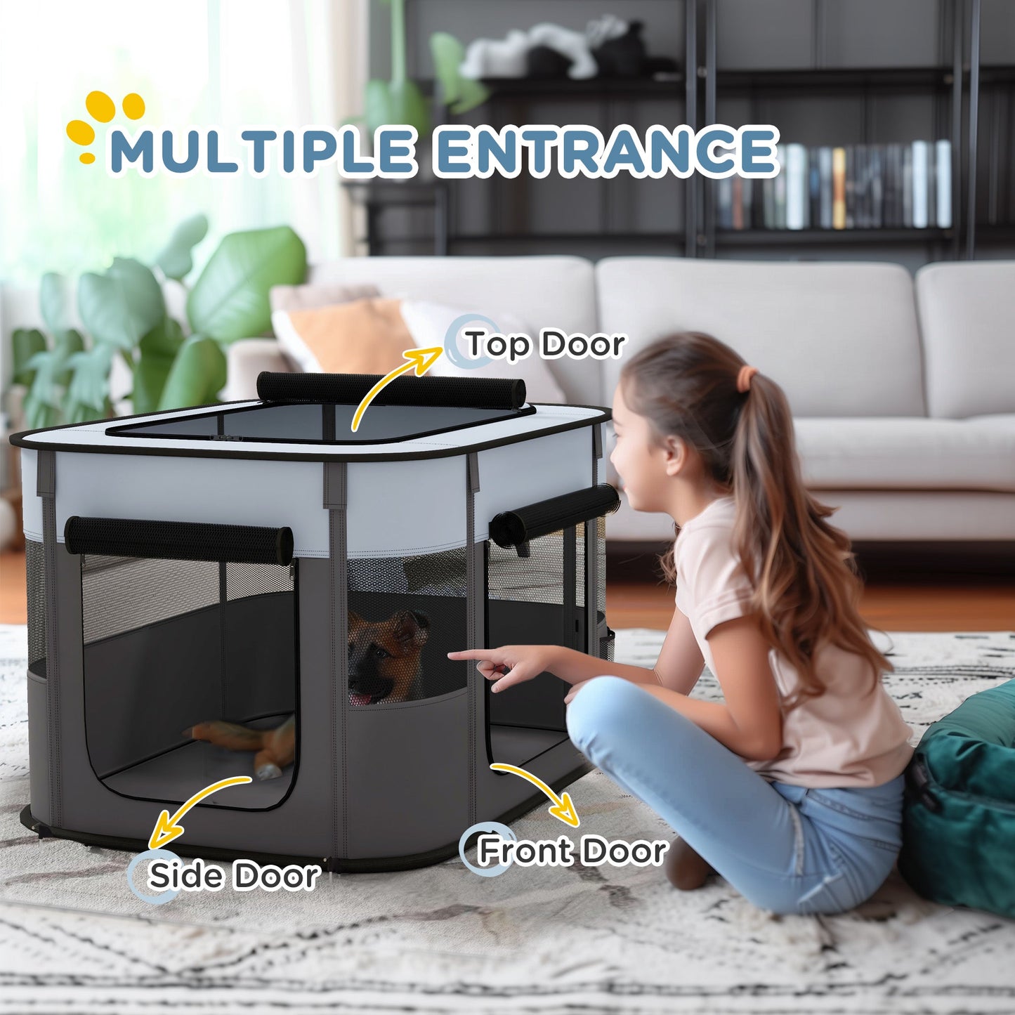 Dog Pen, Pet Playpen, Portable Foldable Dog Cat Playpen Soft Pet Cage with Storage Bag for Puppies, Rabbits, Kittens, Guinea Pigs, 84 x 64 x 53cm - Grey