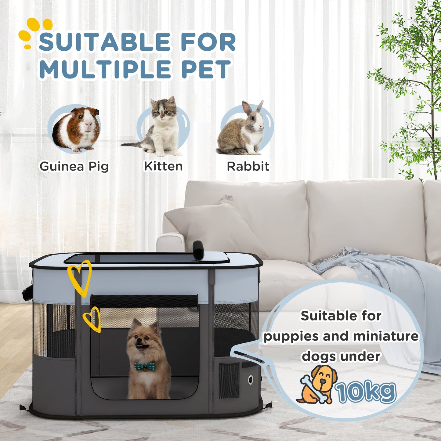 Dog Pen, Pet Playpen, Portable Foldable Dog Cat Playpen Soft Pet Cage with Storage Bag for Puppies, Rabbits, Kittens, Guinea Pigs, 84 x 64 x 53cm - Grey