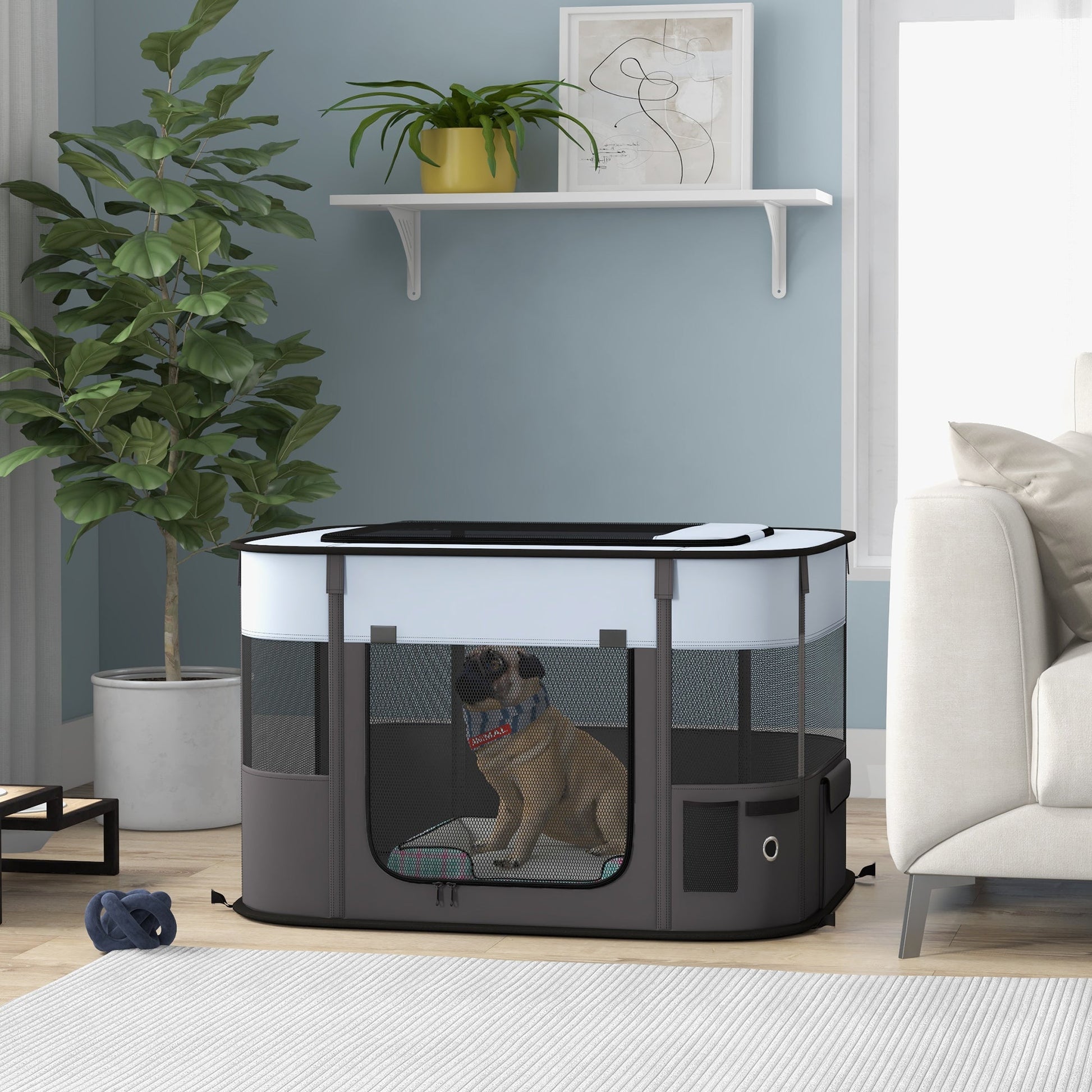 Dog Pen, Pet Playpen, Portable Foldable Dog Cat Playpen Soft Pet Cage with Storage Bag for Puppies, Rabbits, Kittens, Guinea Pigs, 84 x 64 x 53cm - Grey