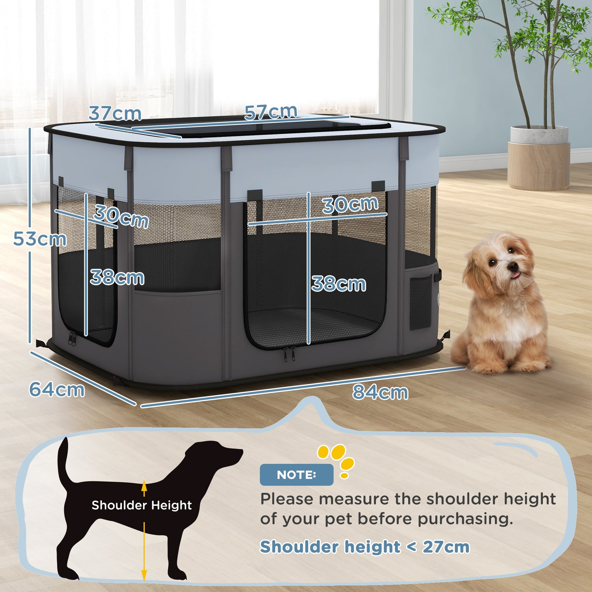 Dog Pen, Pet Playpen, Portable Foldable Dog Cat Playpen Soft Pet Cage with Storage Bag for Puppies, Rabbits, Kittens, Guinea Pigs, 84 x 64 x 53cm - Grey