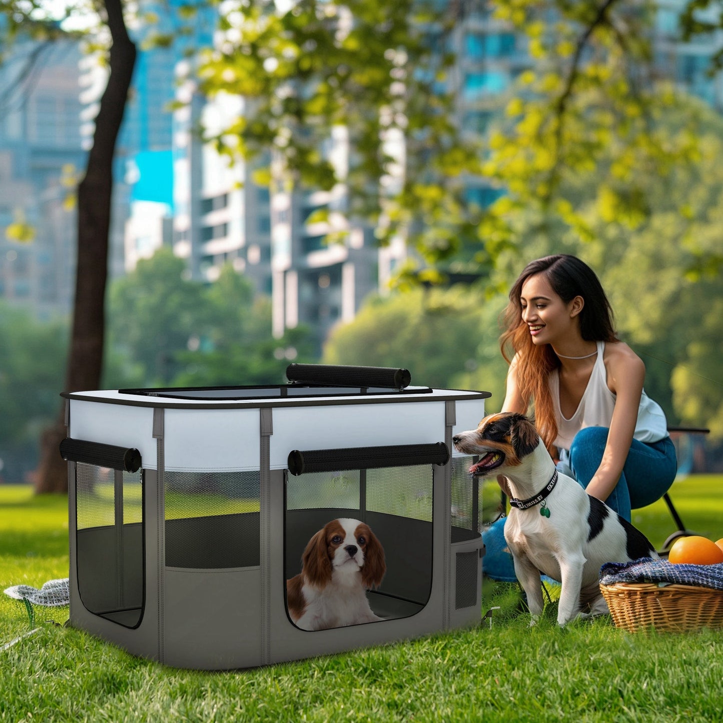 Dog Pen, Pet Playpen, Portable Foldable Dog Cat Playpen Soft Pet Cage with Storage Bag for Puppies, Rabbits, Kittens, Guinea Pigs, 84 x 64 x 53cm - Grey