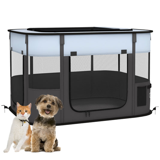 Dog Pen, Pet Playpen, Portable Foldable Dog Cat Playpen Soft Pet Cage with Storage Bag for Puppies, Rabbits, Kittens, Guinea Pigs, 84 x 64 x 53cm - Grey
