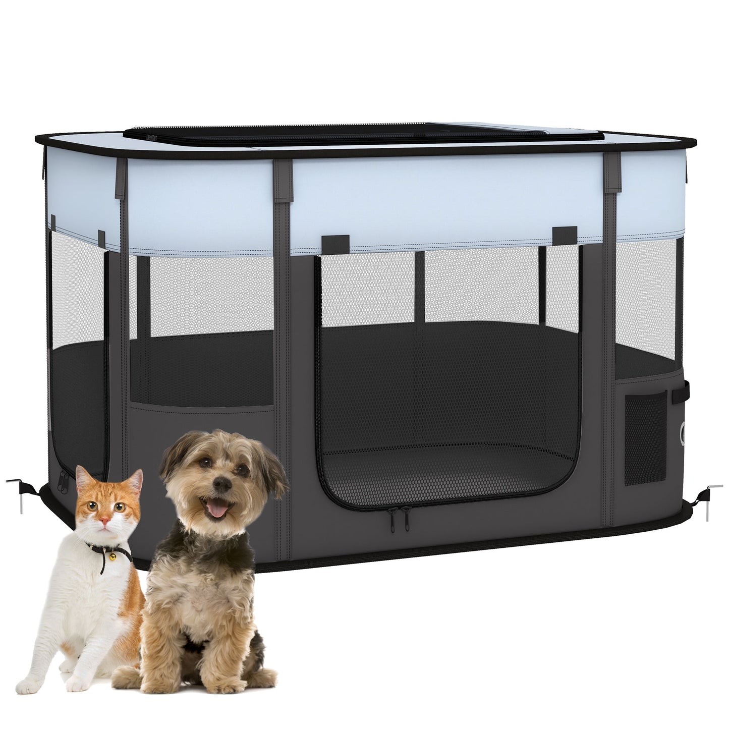 Dog Pen, Pet Playpen, Portable Foldable Dog Cat Playpen Soft Pet Cage with Storage Bag for Puppies, Rabbits, Kittens, Guinea Pigs, 84 x 64 x 53cm - Grey