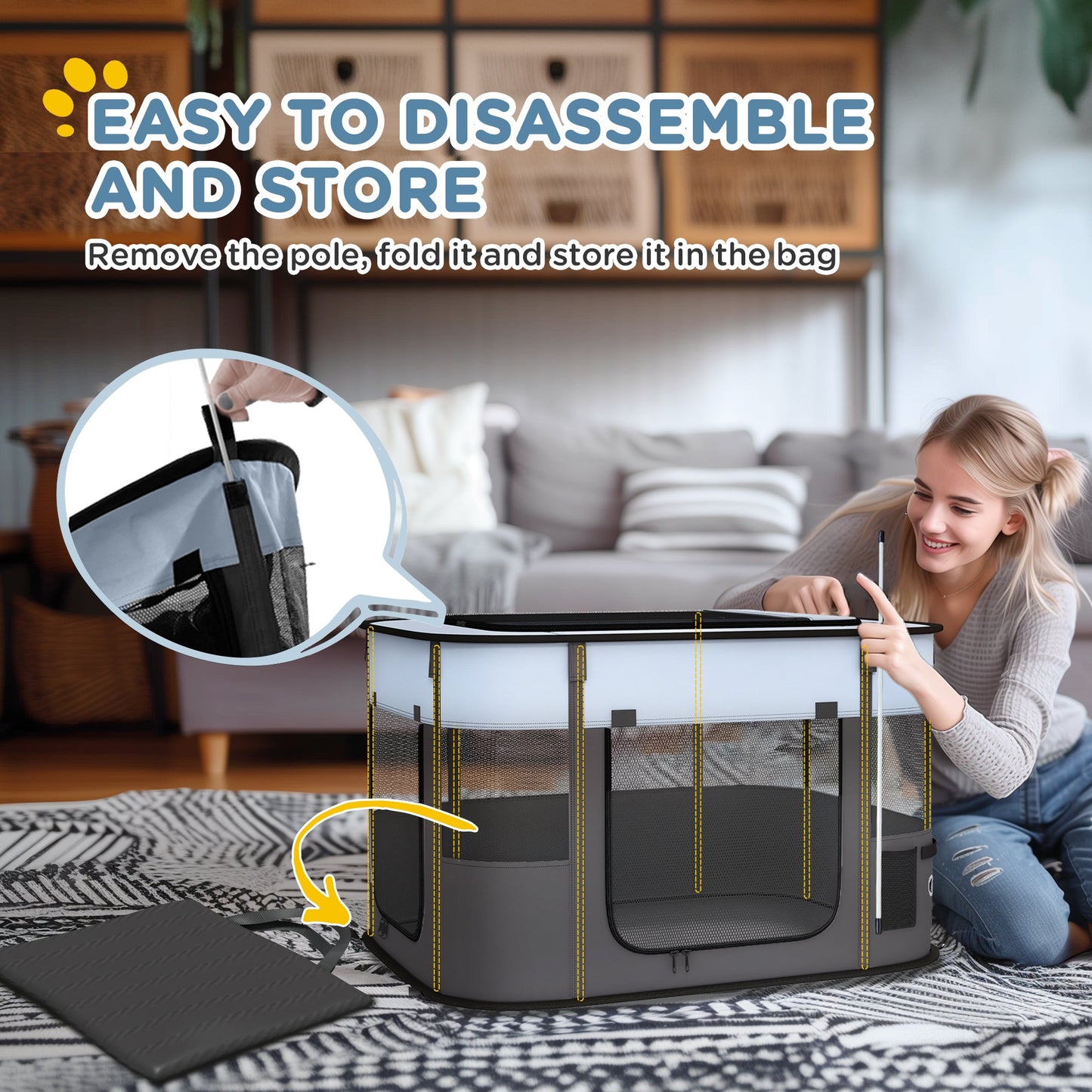 Dog Pen, Pet Playpen, Portable Foldable Dog Cat Playpen Soft Pet Cage with Storage Bag for Puppies, Rabbits, Kittens, Guinea Pigs, 84 x 64 x 53cm - Grey