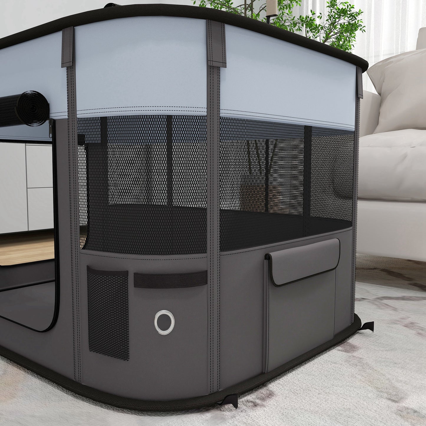 Dog Pen, Pet Playpen, Portable Foldable Dog Cat Playpen Soft Pet Cage with Storage Bag for Puppies, Rabbits, Kittens, Guinea Pigs, 84 x 64 x 53cm - Grey