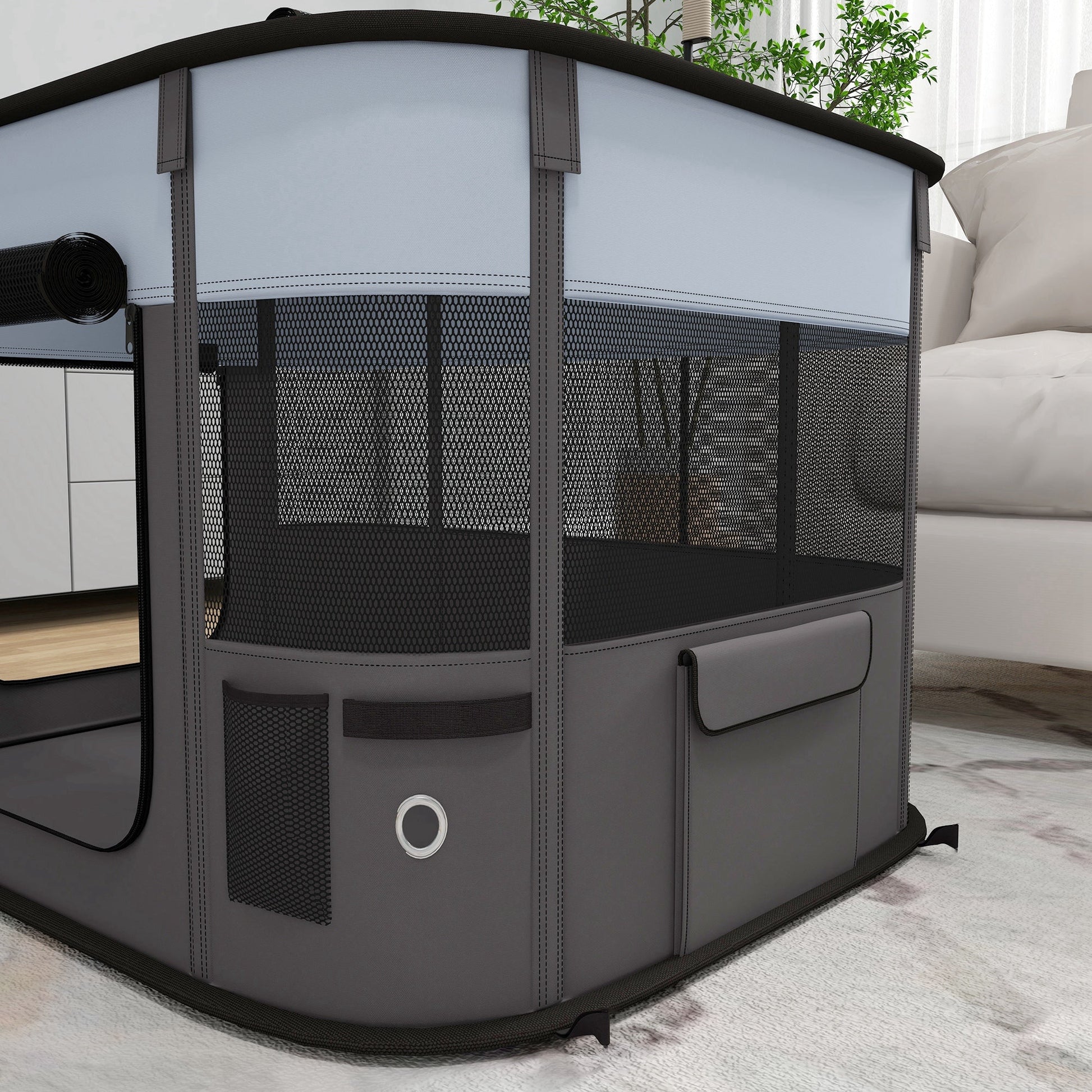 Dog Pen, Pet Playpen, Portable Foldable Dog Cat Playpen Soft Pet Cage with Storage Bag for Puppies, Rabbits, Kittens, Guinea Pigs, 84 x 64 x 53cm - Grey