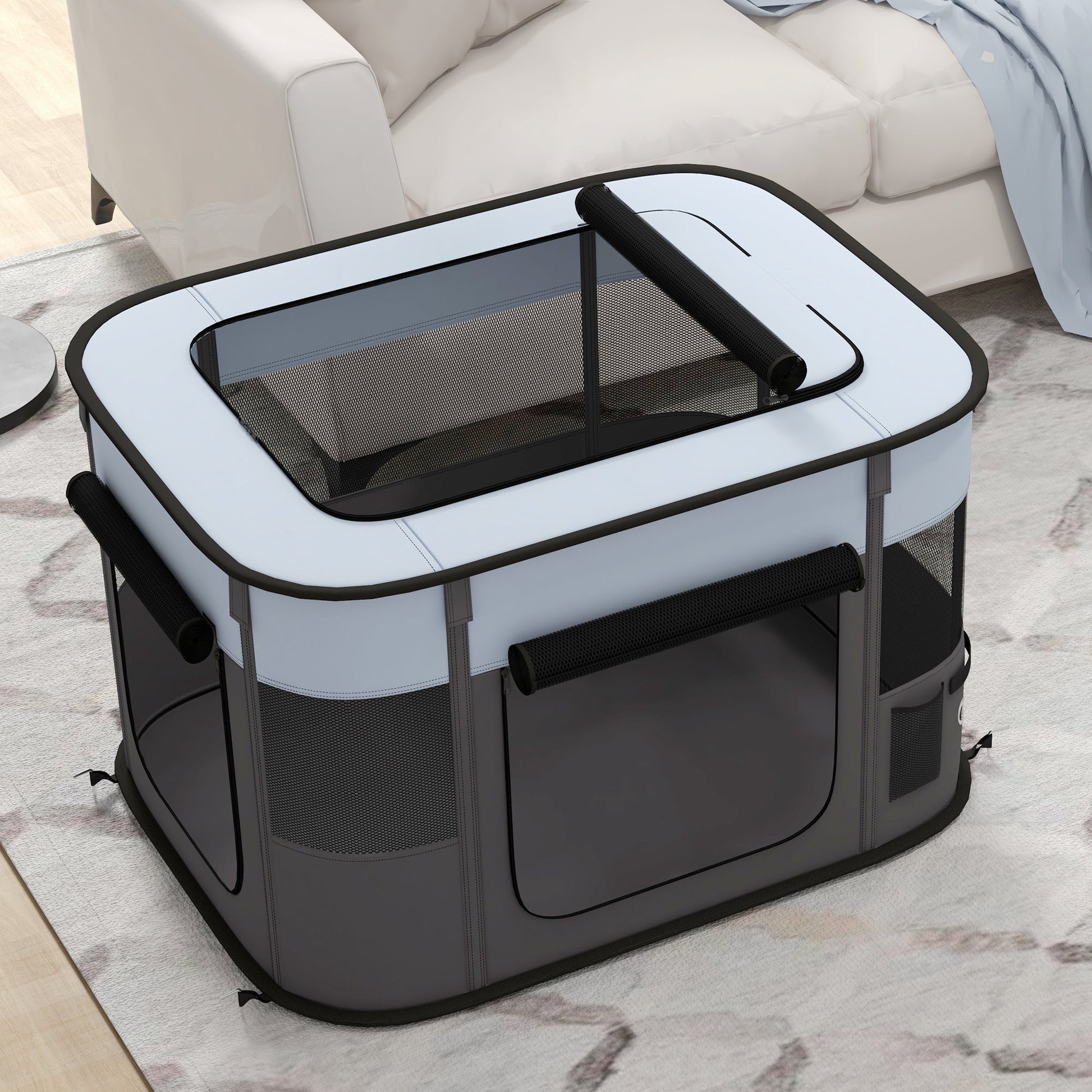 Dog Pen, Pet Playpen, Portable Foldable Dog Cat Playpen Soft Pet Cage with Storage Bag for Puppies, Rabbits, Kittens, Guinea Pigs, 84 x 64 x 53cm - Grey