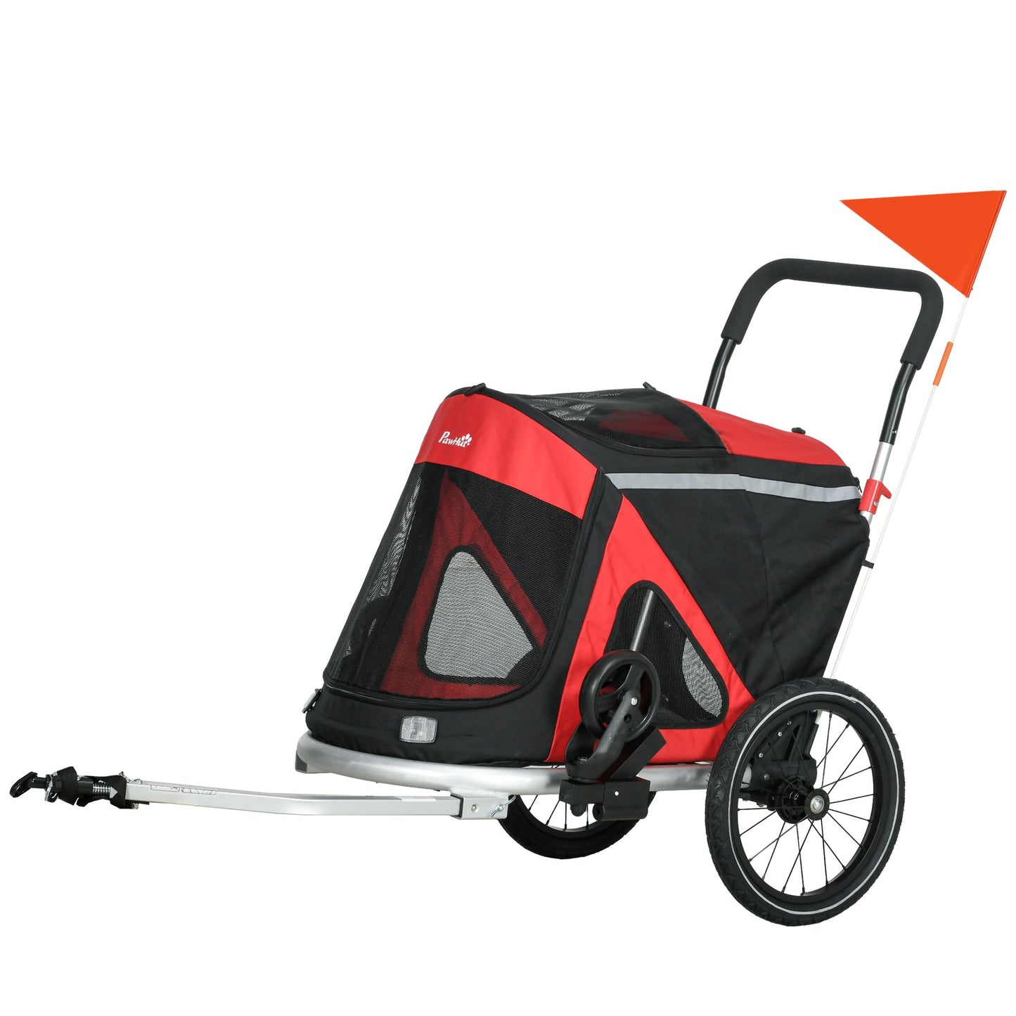Dog Bike Trailer Dog Stroller 2 in 1 Foldable with Aluminium Frame, Quick-Release Wheels, Safety Leash, Anti-Slip Mat, Hitch Coupler, Reflectors, Flag, for Medium Dogs - Red