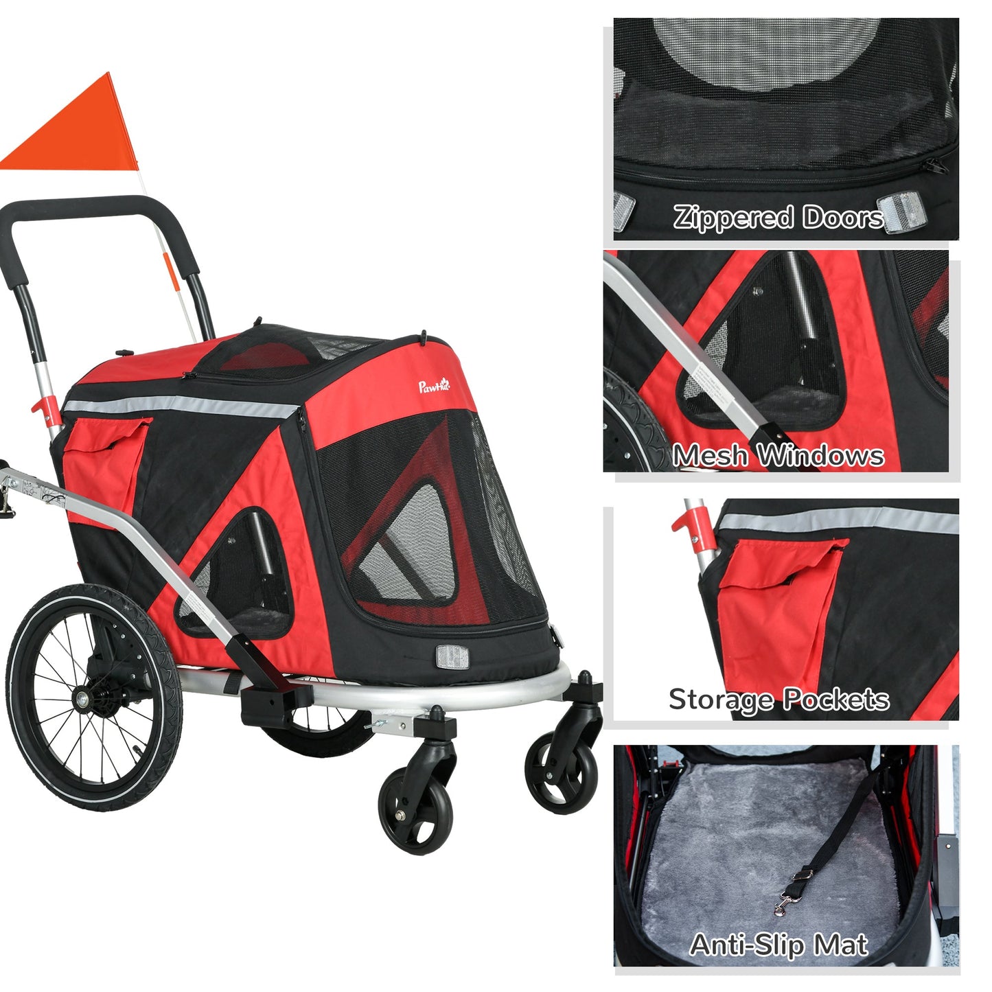 Dog Bike Trailer Dog Stroller 2 in 1 Foldable with Aluminium Frame, Quick-Release Wheels, Safety Leash, Anti-Slip Mat, Hitch Coupler, Reflectors, Flag, for Medium Dogs - Red