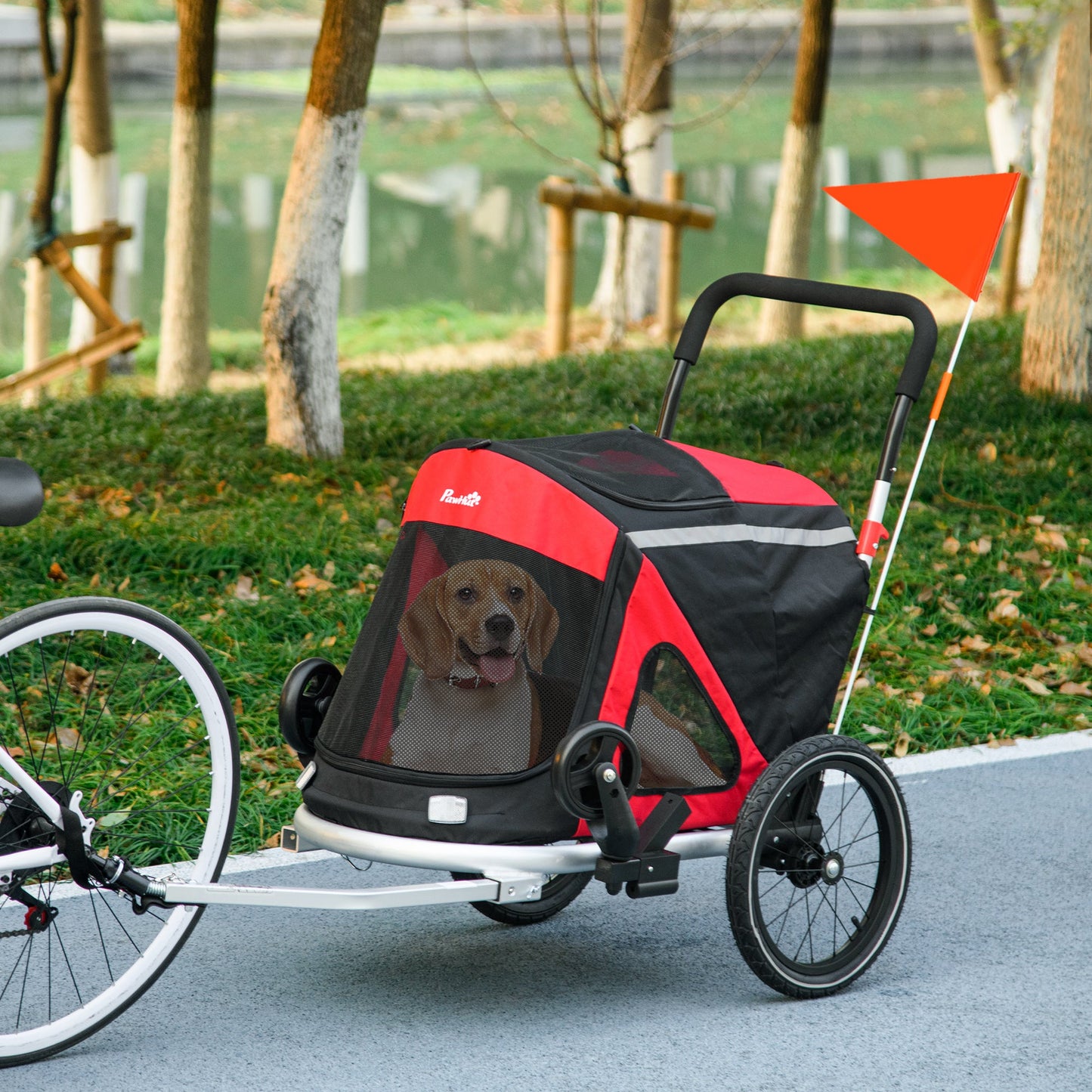 Dog Bike Trailer Dog Stroller 2 in 1 Foldable with Aluminium Frame, Quick-Release Wheels, Safety Leash, Anti-Slip Mat, Hitch Coupler, Reflectors, Flag, for Medium Dogs - Red