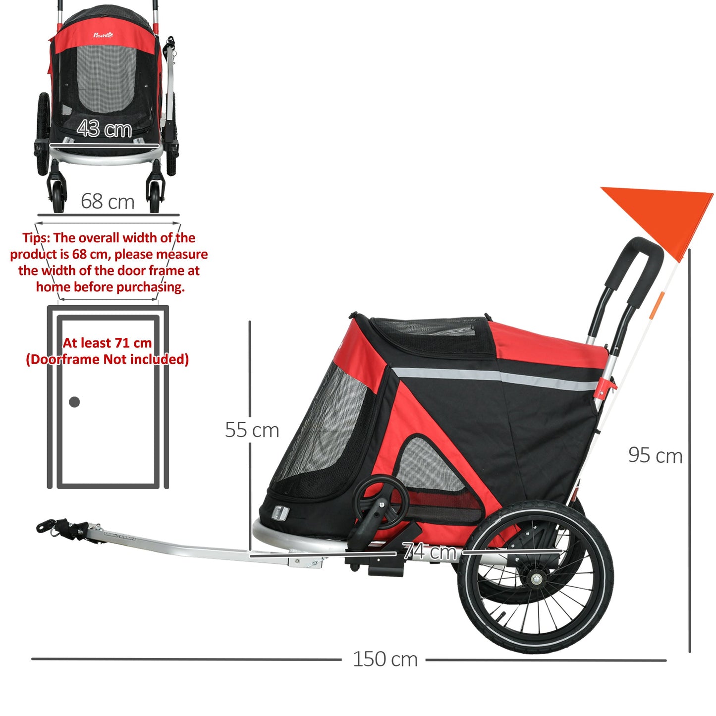 Dog Bike Trailer Dog Stroller 2 in 1 Foldable with Aluminium Frame, Quick-Release Wheels, Safety Leash, Anti-Slip Mat, Hitch Coupler, Reflectors, Flag, for Medium Dogs - Red