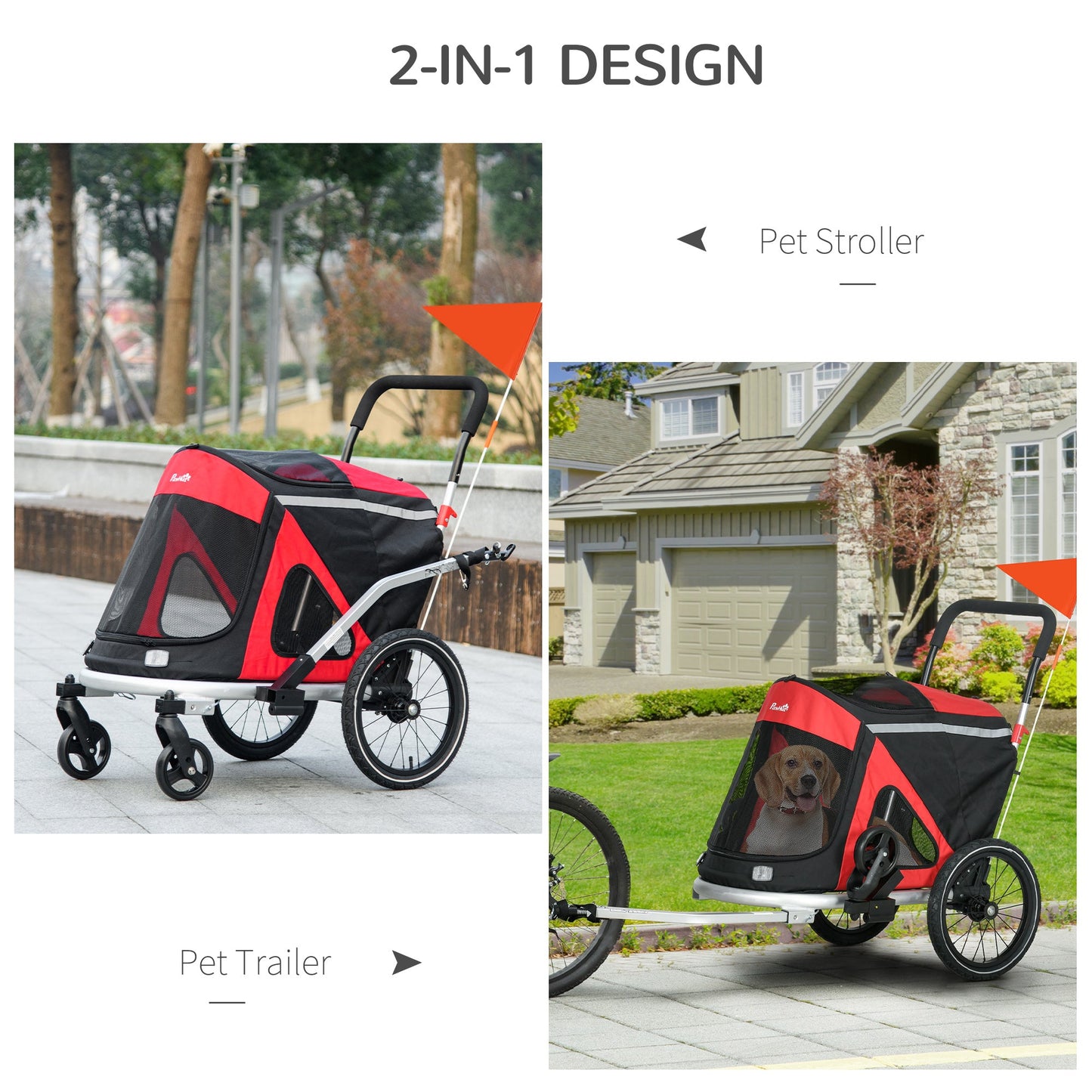 Dog Bike Trailer Dog Stroller 2 in 1 Foldable with Aluminium Frame, Quick-Release Wheels, Safety Leash, Anti-Slip Mat, Hitch Coupler, Reflectors, Flag, for Medium Dogs - Red