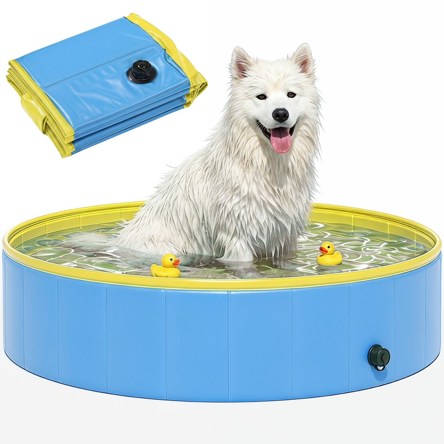 Foldable Dog Pool for Puppies and Ducks, Thickened PVC Dog Paddling Pool Bath Tub Hard Board, Anti-Slip Bottom and Hose Adapter for Easy Drainage, 120 x 30cm, Blue and Yellow