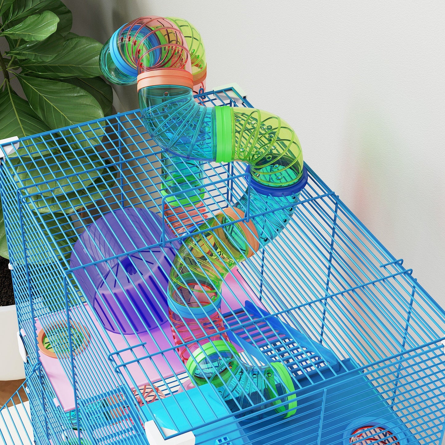5 Tier Hamster Cage, Gerbil Cage with Tube Exercise Wheels, Tunnel, Water Bottle, Dishes, Blue, 58H x 46L x 30Wcm