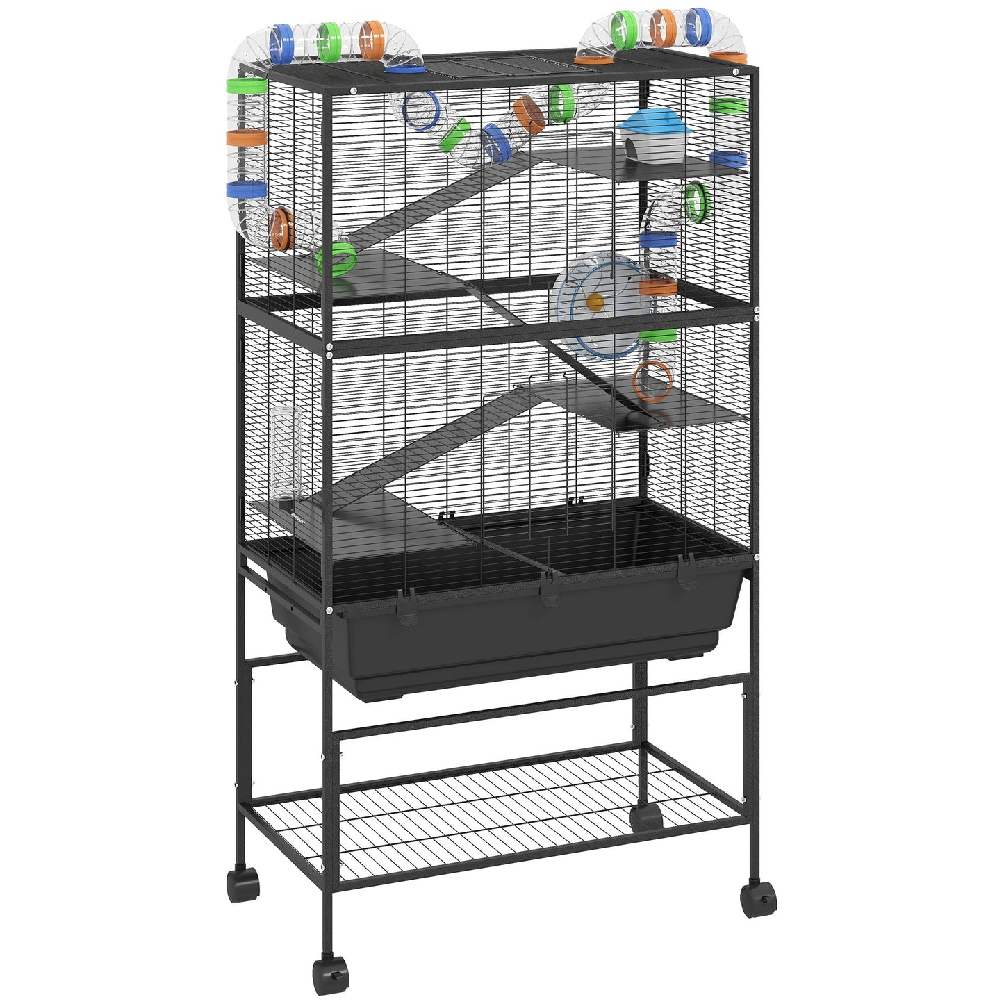 Hamster Cage, 5 Tier Large Gerbil Cage on Wheels with 17 cm Deep Tray, Storage Shelf, Big Exercise Wheel, Tube System, Hut, Platforms, Ramps, Food Dish, Water Bottle, for Syrian Hamsters, Rats