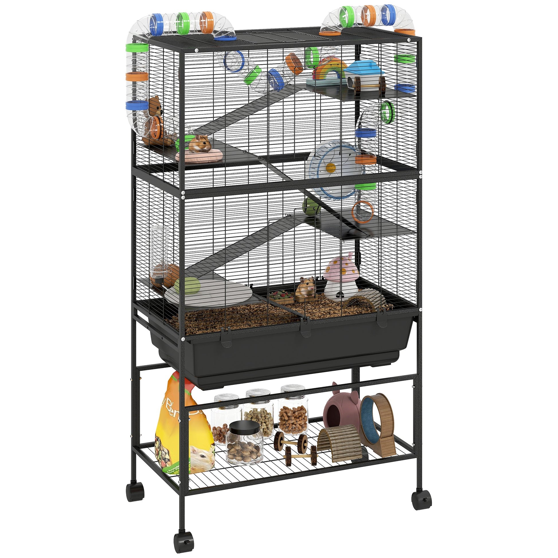 Hamster Cage, 5 Tier Large Gerbil Cage on Wheels with 17 cm Deep Tray, Storage Shelf, Big Exercise Wheel, Tube System, Hut, Platforms, Ramps, Food Dish, Water Bottle, for Syrian Hamsters, Rats