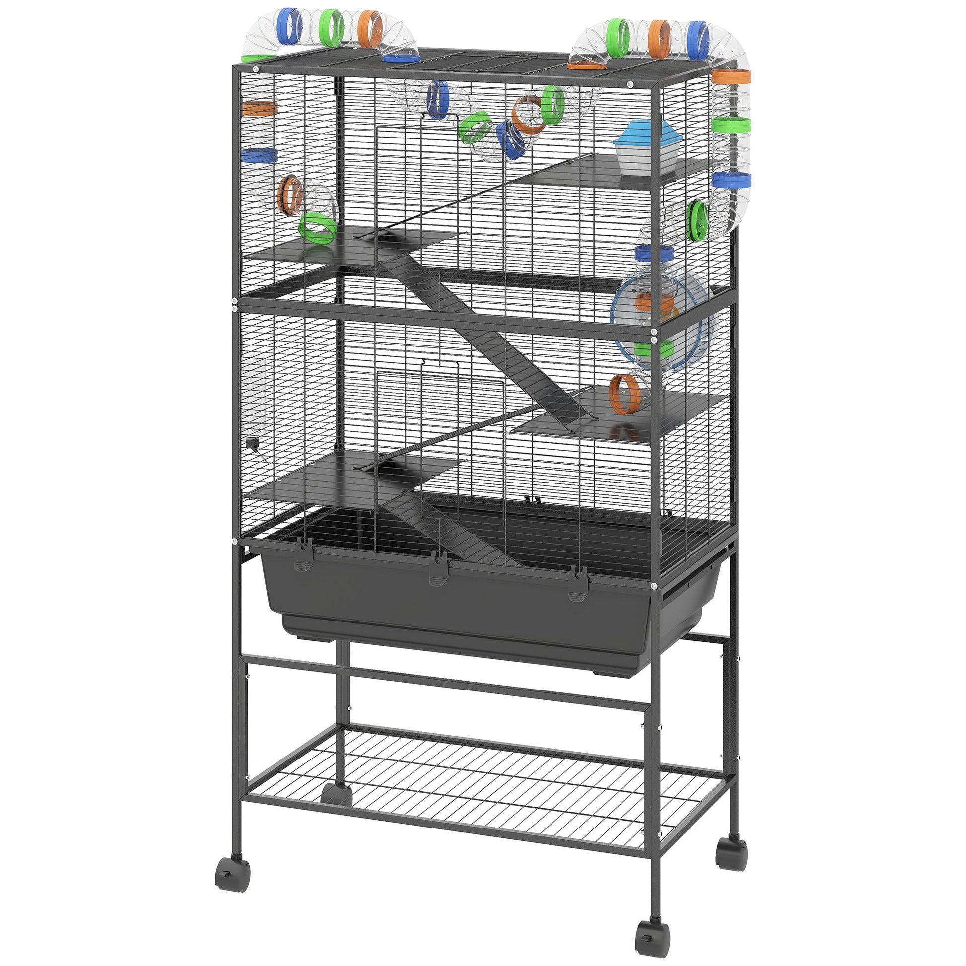 Hamster Cage, 5 Tier Large Gerbil Cage on Wheels with 17 cm Deep Tray, Storage Shelf, Big Exercise Wheel, Tube System, Hut, Platforms, Ramps, Food Dish, Water Bottle, for Syrian Hamsters, Rats