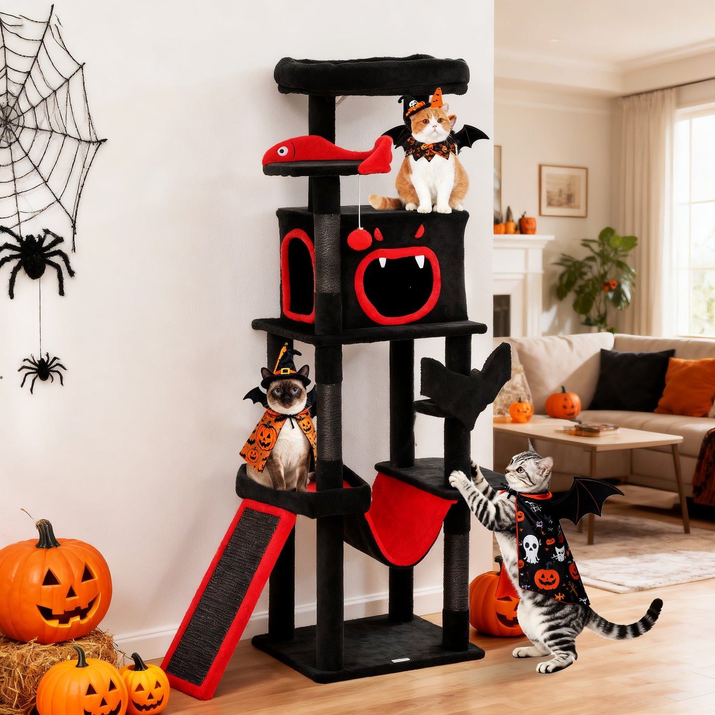 Gothic Cat Tree, 152 cm Multi-Level Cat Tower for Indoor Large Kittens with 1 Coffin Bed, 1 Hammock, 1 Condo, 2 Perches, Sisal Scratching Posts, 1 Scratching Ramp, Toy Ball, Black, Halloween