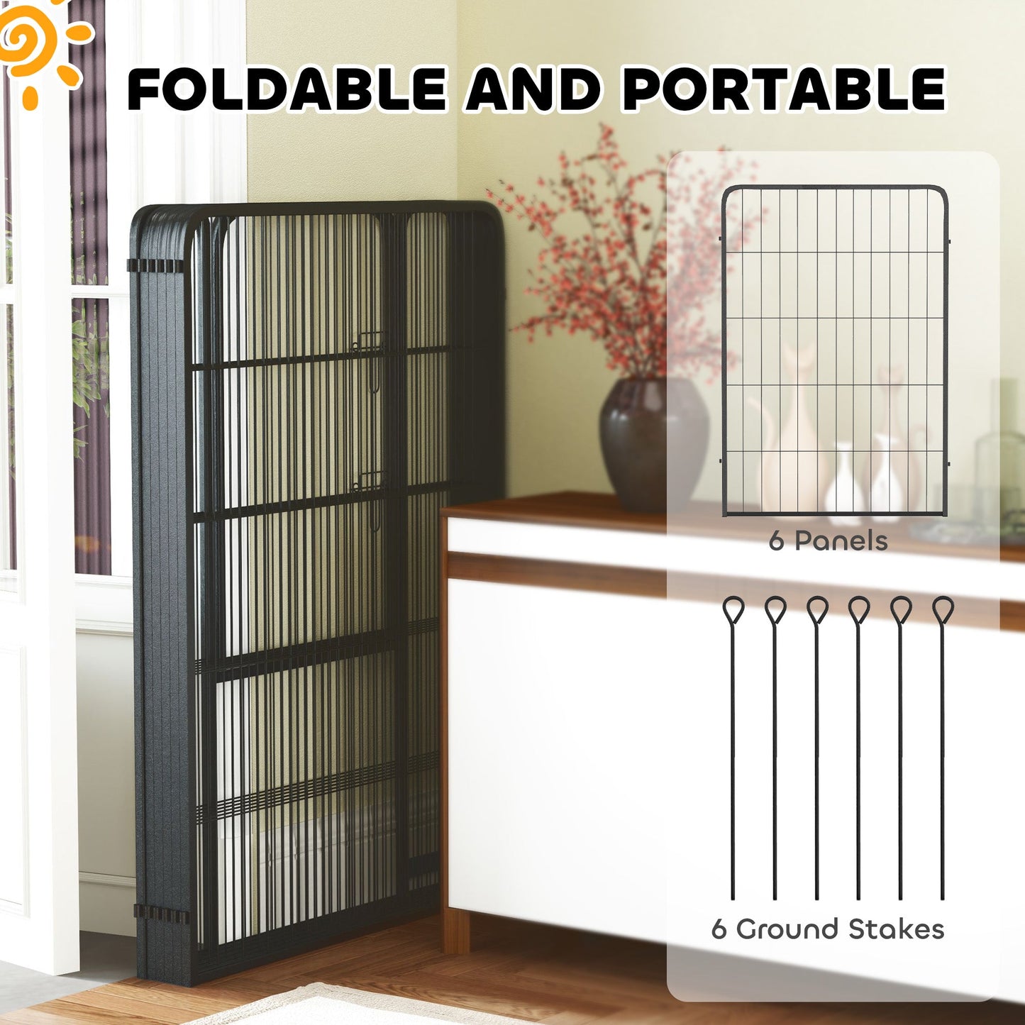 Dog Pen, 6 Panel Puppy Pen, Steel Dog Playpen, for Large Breeds, 100cm Tall, Black