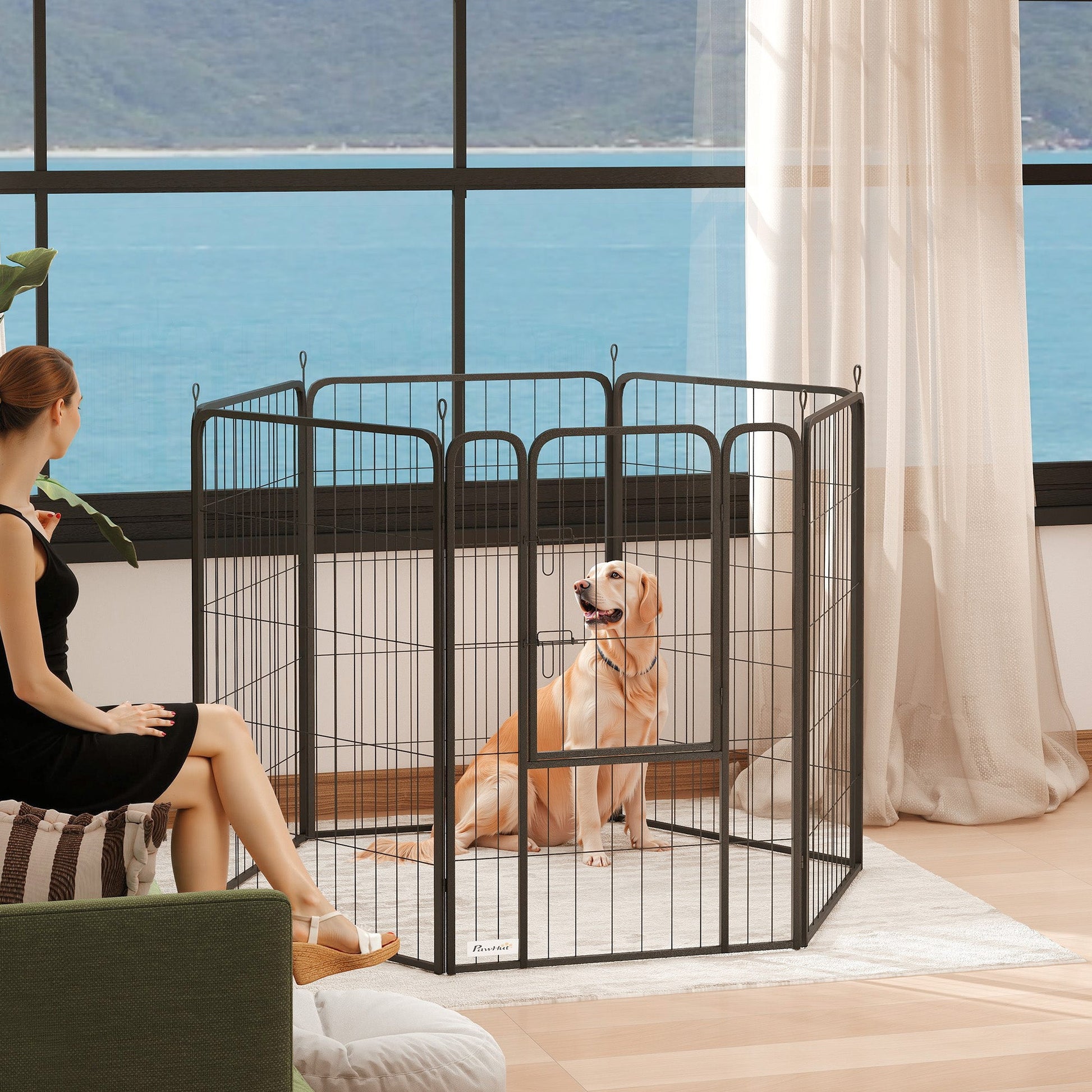 Dog Pen, 6 Panel Puppy Pen, Steel Dog Playpen, for Large Breeds, 100cm Tall, Black