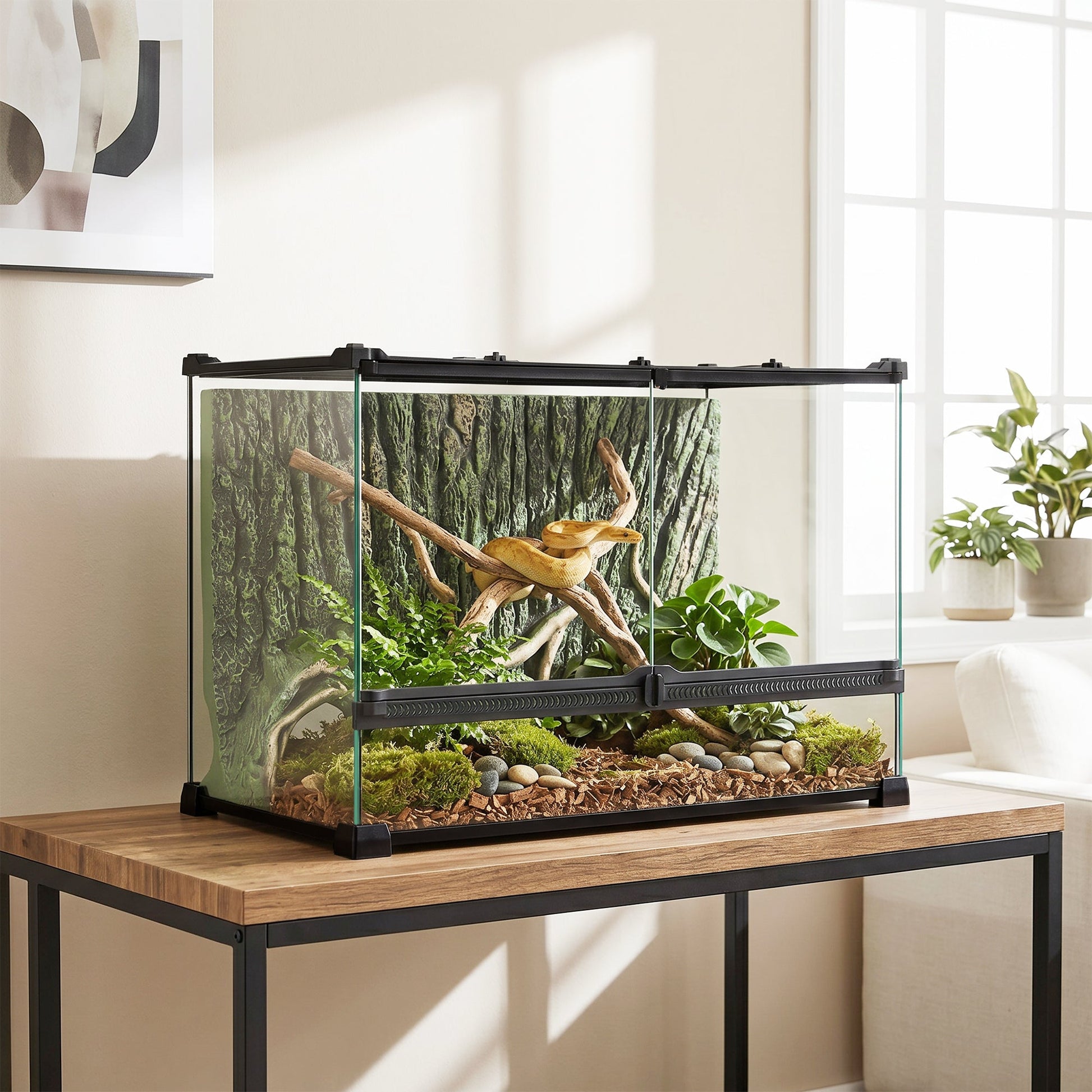Reptile Glass Terrarium, Reptile Vivarium with Tree Bark Background, Front Ventilation, Escape-Proof Knob Lock, Glass Enclosure for Lizards, Horned Frogs, Snakes, 50 x 30 x 35 cm, Black