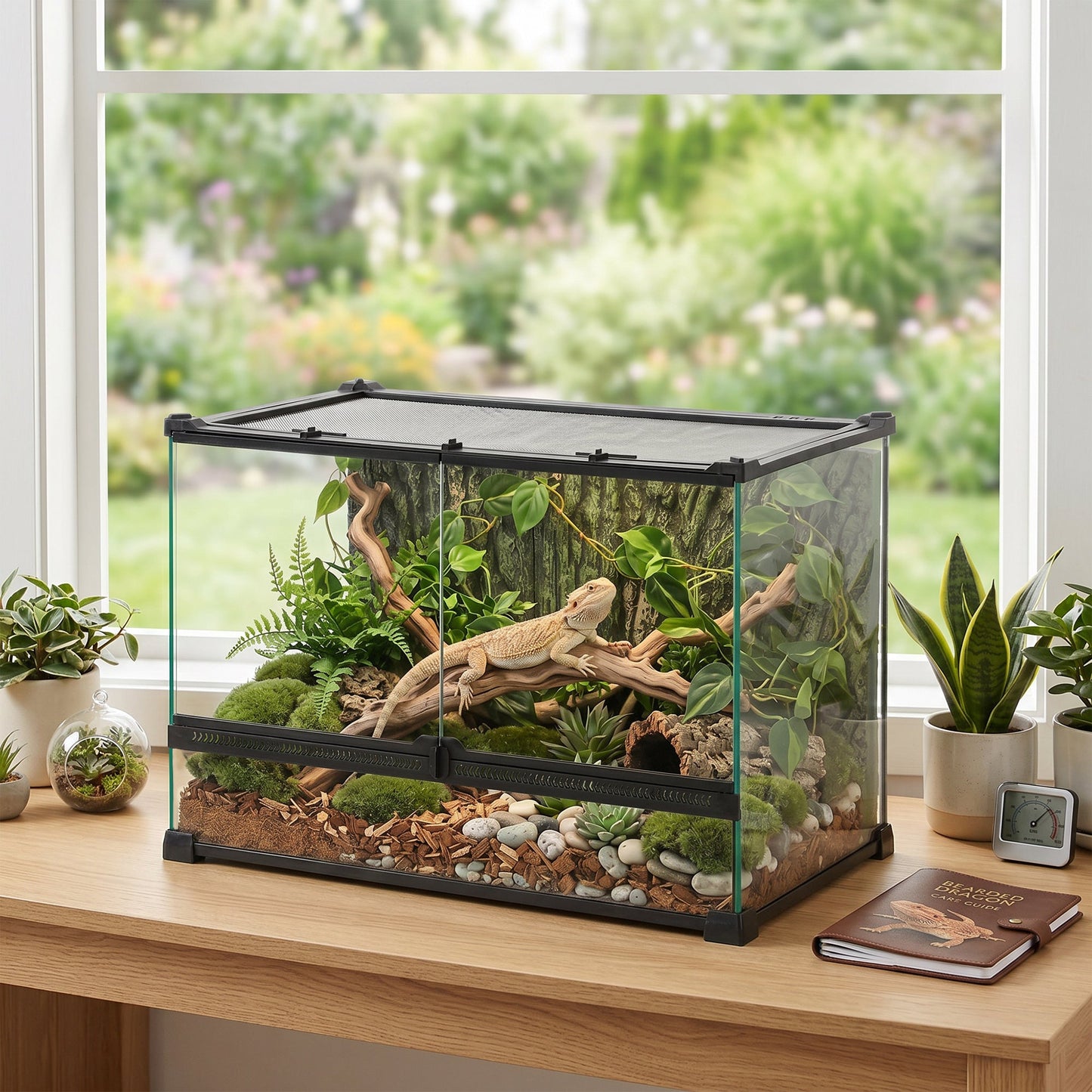Reptile Glass Terrarium, Reptile Vivarium with Tree Bark Background, Front Ventilation, Escape-Proof Knob Lock, Glass Enclosure for Lizards, Horned Frogs, Snakes, 50 x 30 x 35 cm, Black