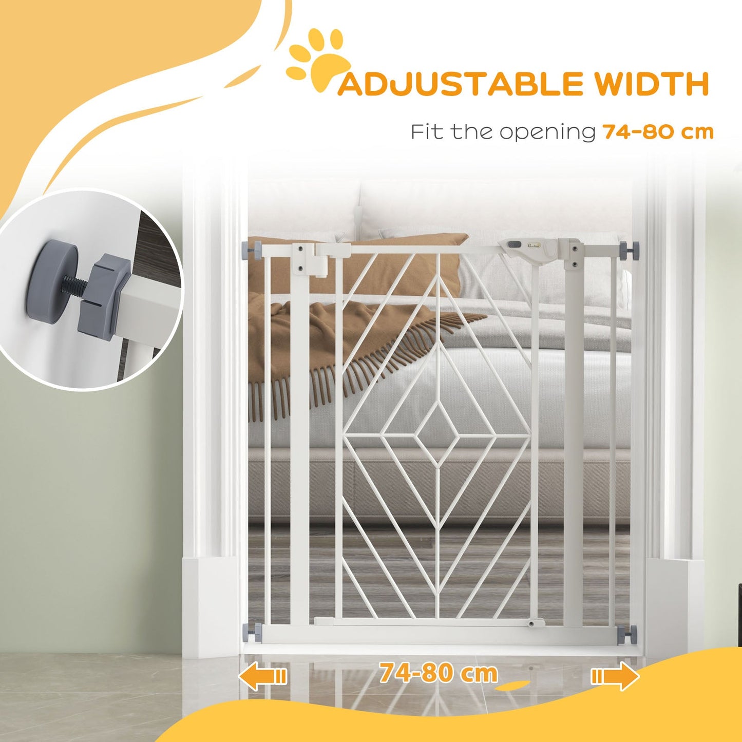 Pressure Fit Safety Gate for Doorways and Staircases, Dog Gate with Auto Closing Door, Pet Barrier for Hallways with Double Locking, Openings 74-80cm - White