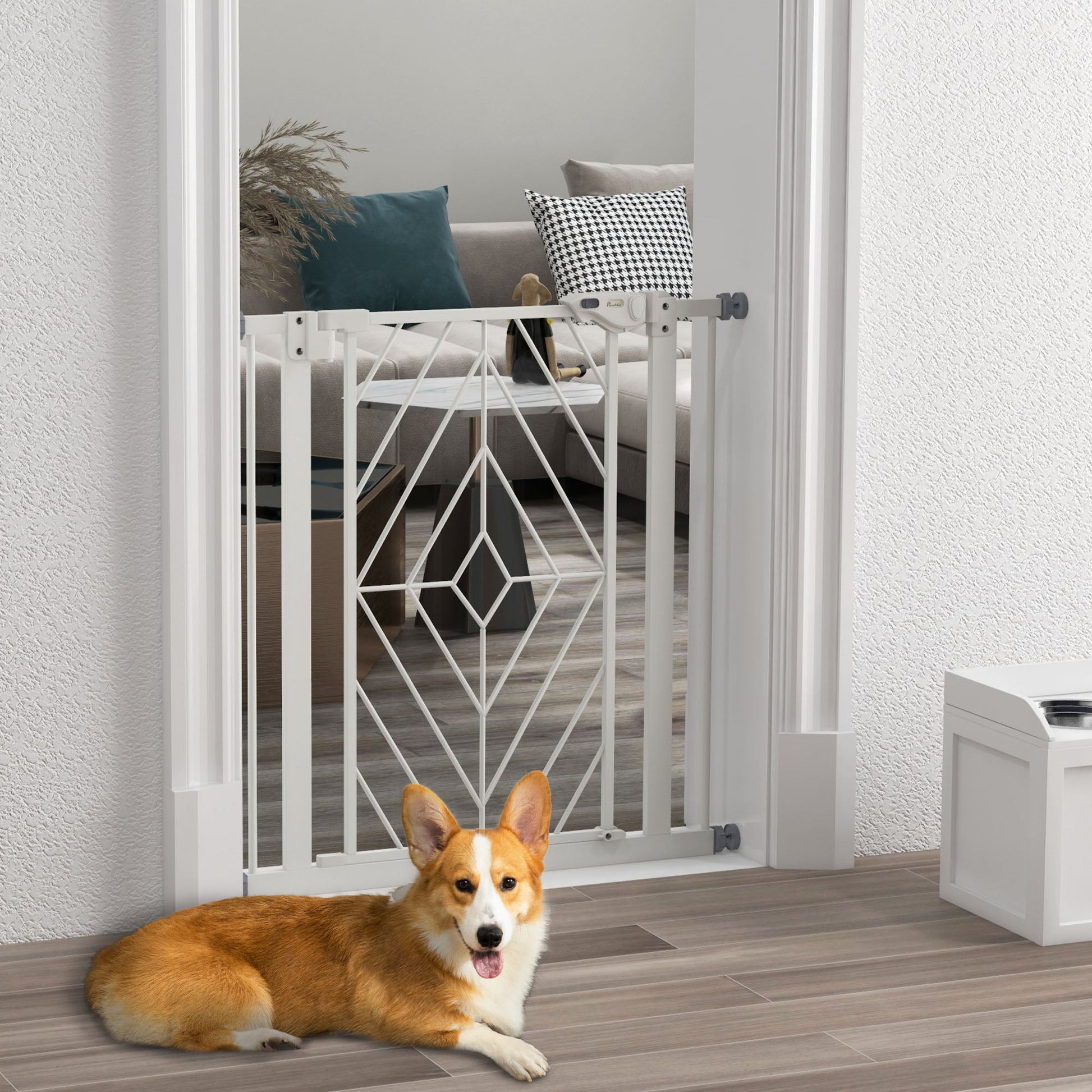 Pressure Fit Safety Gate for Doorways and Staircases, Dog Gate with Auto Closing Door, Pet Barrier for Hallways with Double Locking, Openings 74-80cm - White